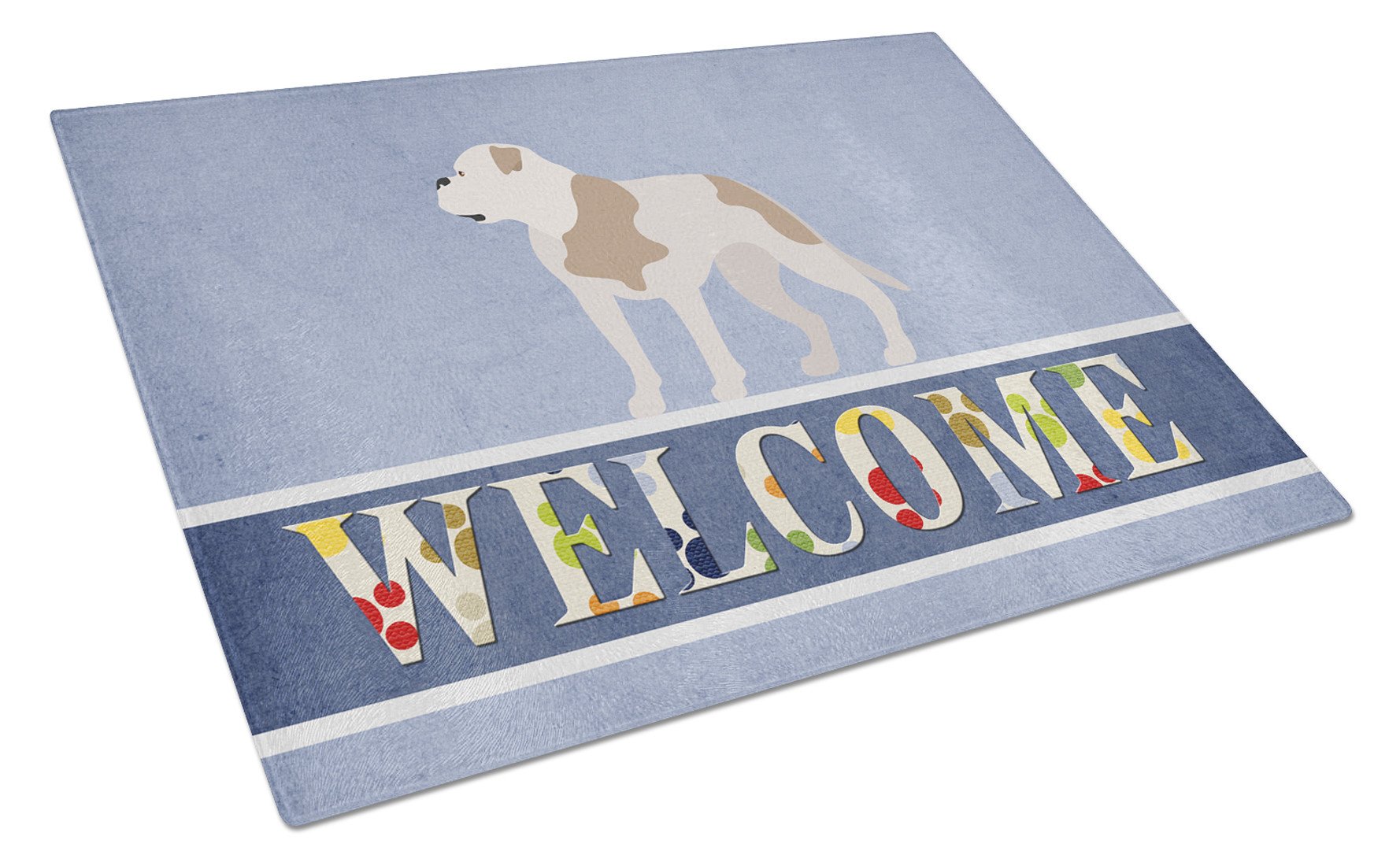 American Bulldog Welcome Cutting Board Tempered Glass Kitchen Cutting Surface, Heat Resistant Chopping, Non-Slip Feet, Food Prep & Serving