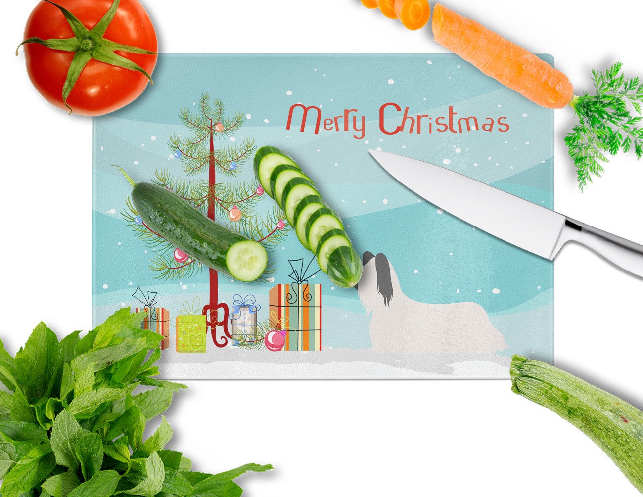 Skye Terrier Christmas Cutting Board Tempered Glass Kitchen Cutting Surface, Heat Resistant Chopping, Non-Slip Feet, Food Prep & Serving