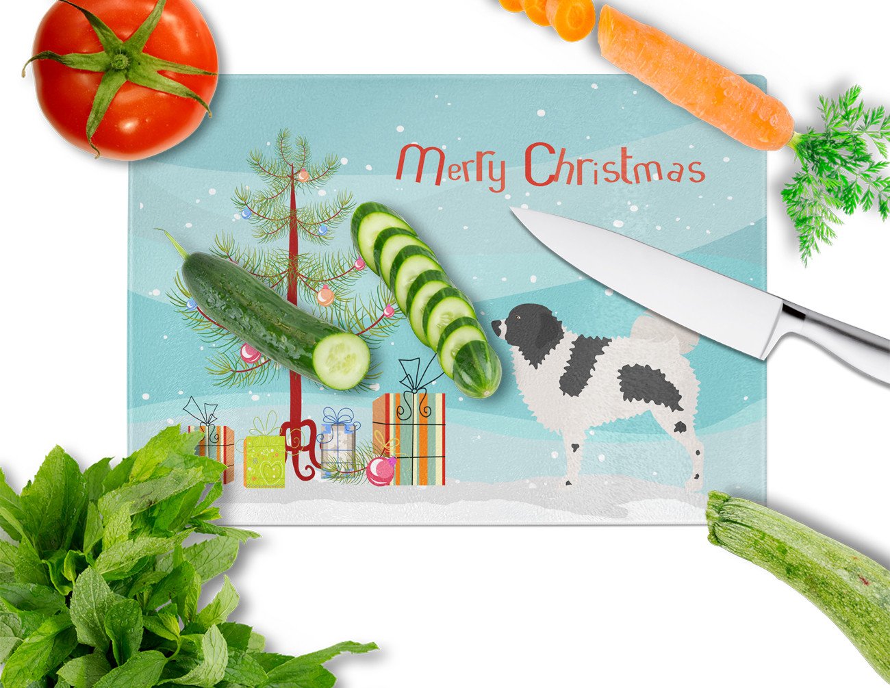 Wetterhoun Frisian Water Dog Christmas Cutting Board Tempered Glass Kitchen Cutting Surface, Heat Resistant Chopping, Non-Slip Feet, Food Prep & Serving