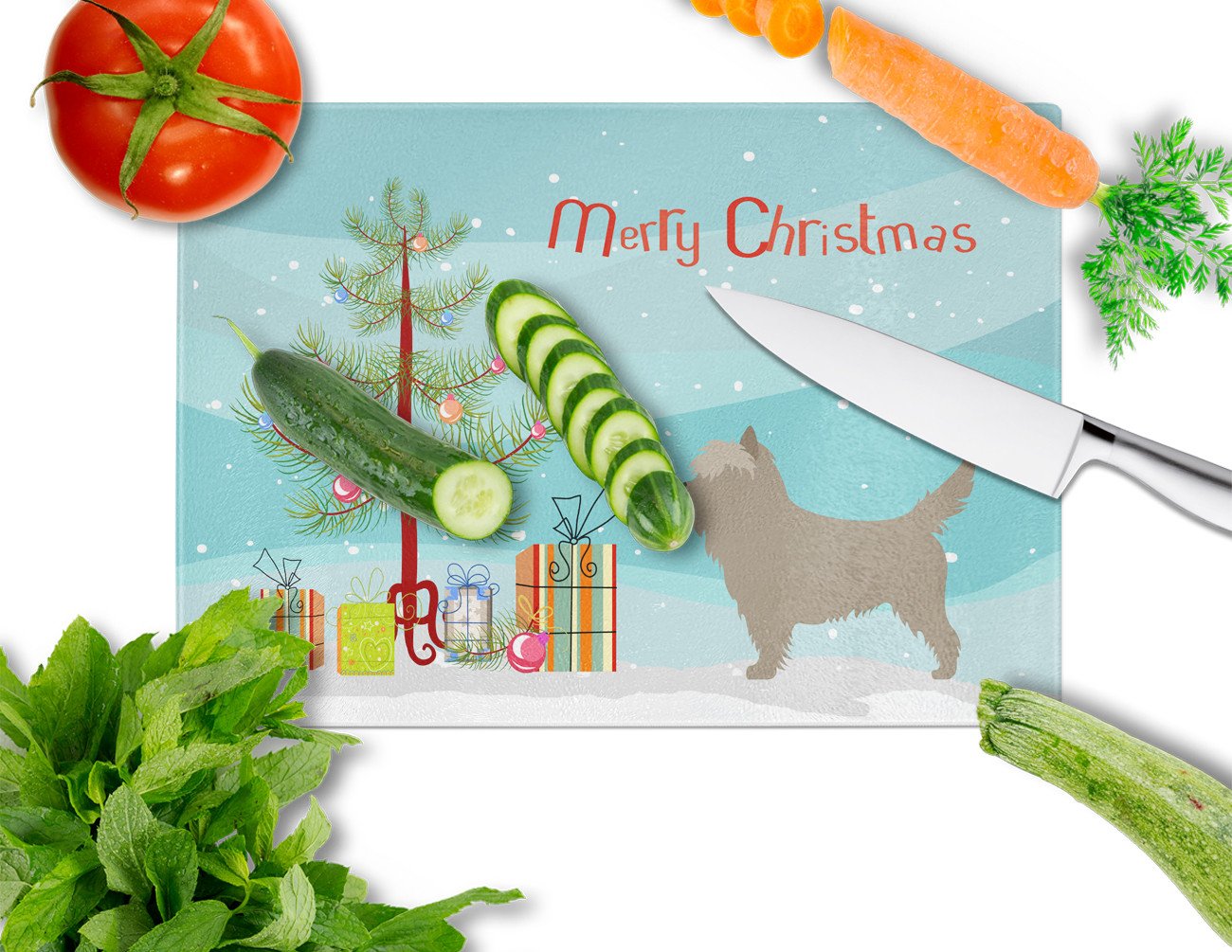 Cairn Terrier Christmas Cutting Board Tempered Glass Kitchen Cutting Surface, Heat Resistant Chopping, Non-Slip Feet, Food Prep & Serving