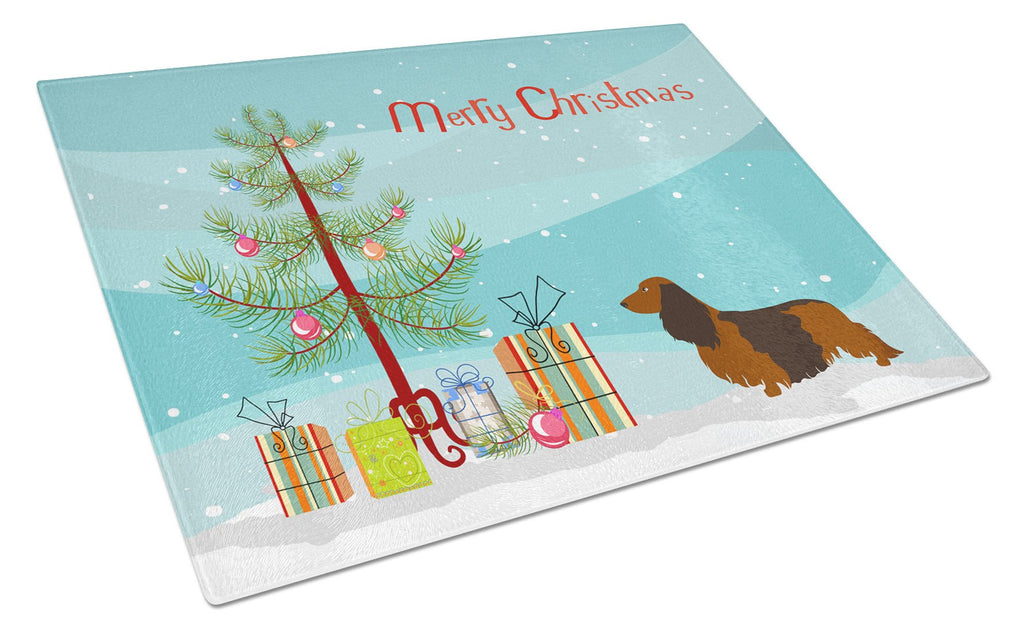 Longhaired Dachshund Christmas Cutting Board Tempered Glass Kitchen Cutting Surface, Heat Resistant Chopping, Non-Slip Feet, Food Prep & Serving