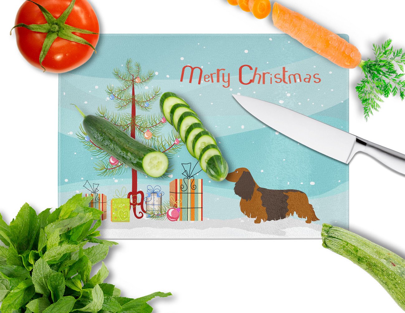 Longhaired Dachshund Christmas Cutting Board Tempered Glass Kitchen Cutting Surface, Heat Resistant Chopping, Non-Slip Feet, Food Prep & Serving