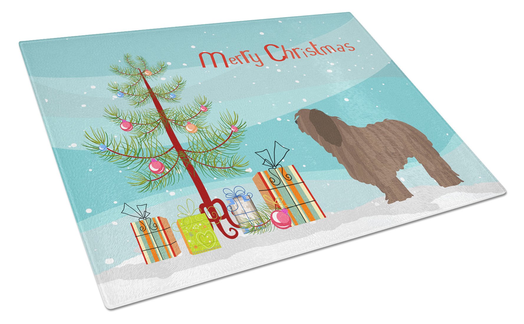 Bergamasco Shepherd Christmas Cutting Board Tempered Glass Kitchen Cutting Surface, Heat Resistant Chopping, Non-Slip Feet, Food Prep & Serving