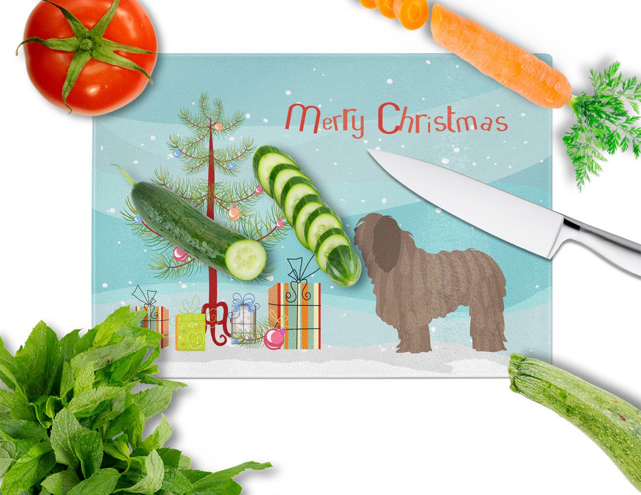 Bergamasco Shepherd Christmas Cutting Board Tempered Glass Kitchen Cutting Surface, Heat Resistant Chopping, Non-Slip Feet, Food Prep & Serving