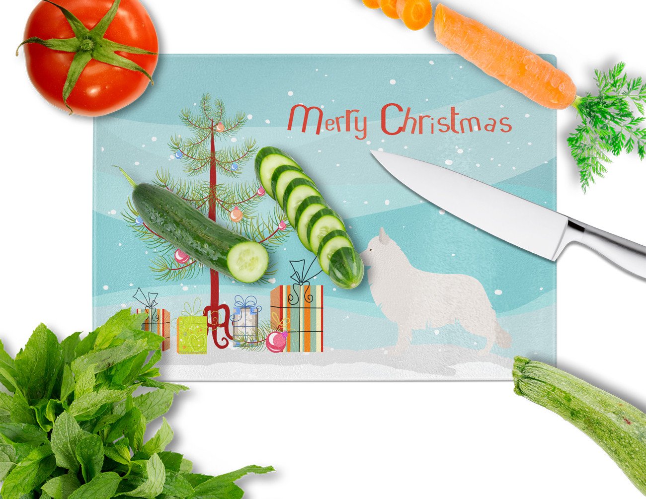 Berger Blanc Suisse Christmas Cutting Board Tempered Glass Kitchen Cutting Surface, Heat Resistant Chopping, Non-Slip Feet, Food Prep & Serving