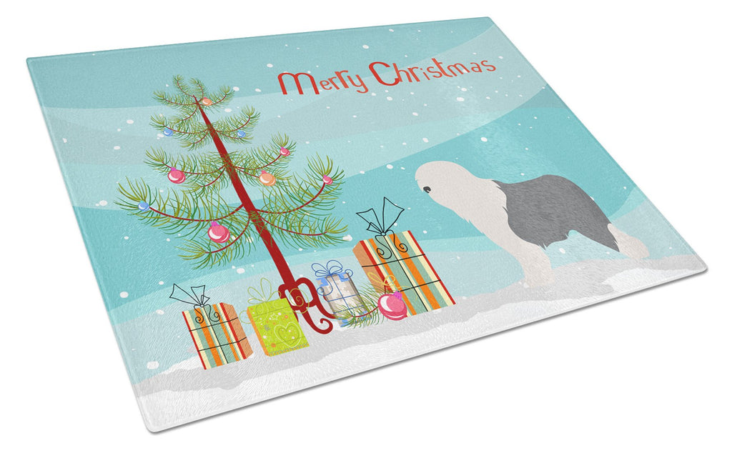 Old English Sheepdog Bobtail Christmas Cutting Board Tempered Glass Kitchen Cutting Surface, Heat Resistant Chopping, Non-Slip Feet, Food Prep & Serving