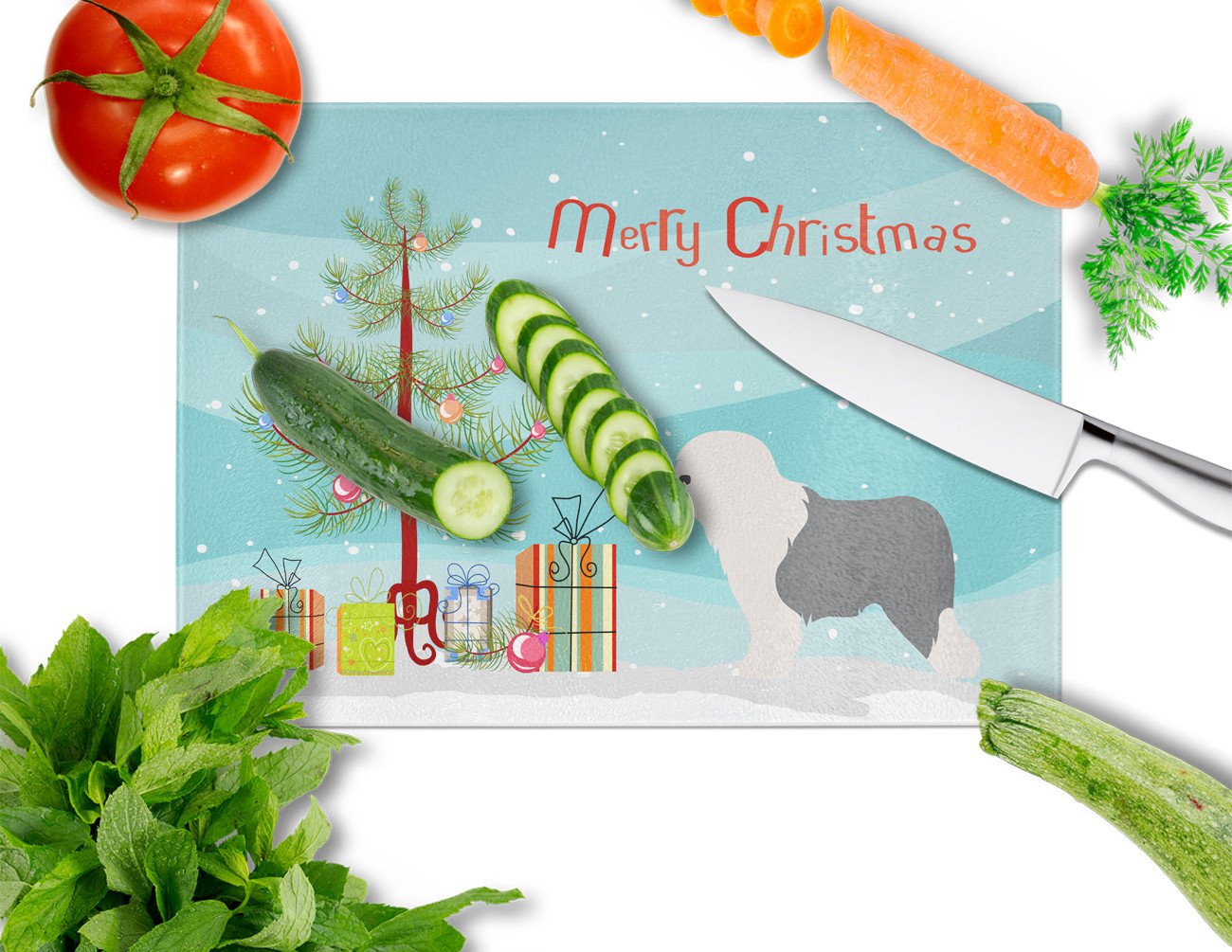 Old English Sheepdog Bobtail Christmas Cutting Board Tempered Glass Kitchen Cutting Surface, Heat Resistant Chopping, Non-Slip Feet, Food Prep & Serving