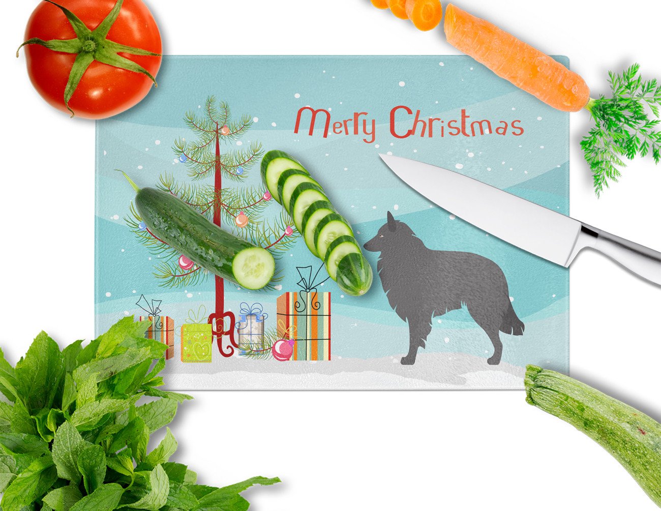 Groenendael Belgian Shepherd Christmas Cutting Board Tempered Glass Kitchen Cutting Surface, Heat Resistant Chopping, Non-Slip Feet, Food Prep & Serving