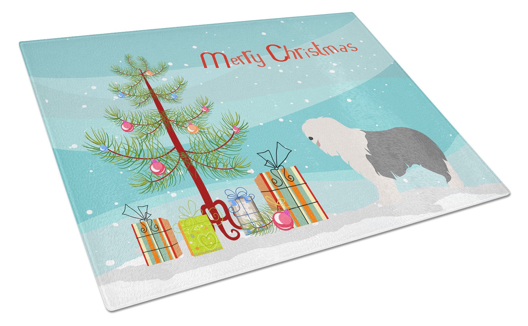 Old English Sheepdog Christmas Cutting Board Tempered Glass Kitchen Cutting Surface, Heat Resistant Chopping, Non-Slip Feet, Food Prep & Serving