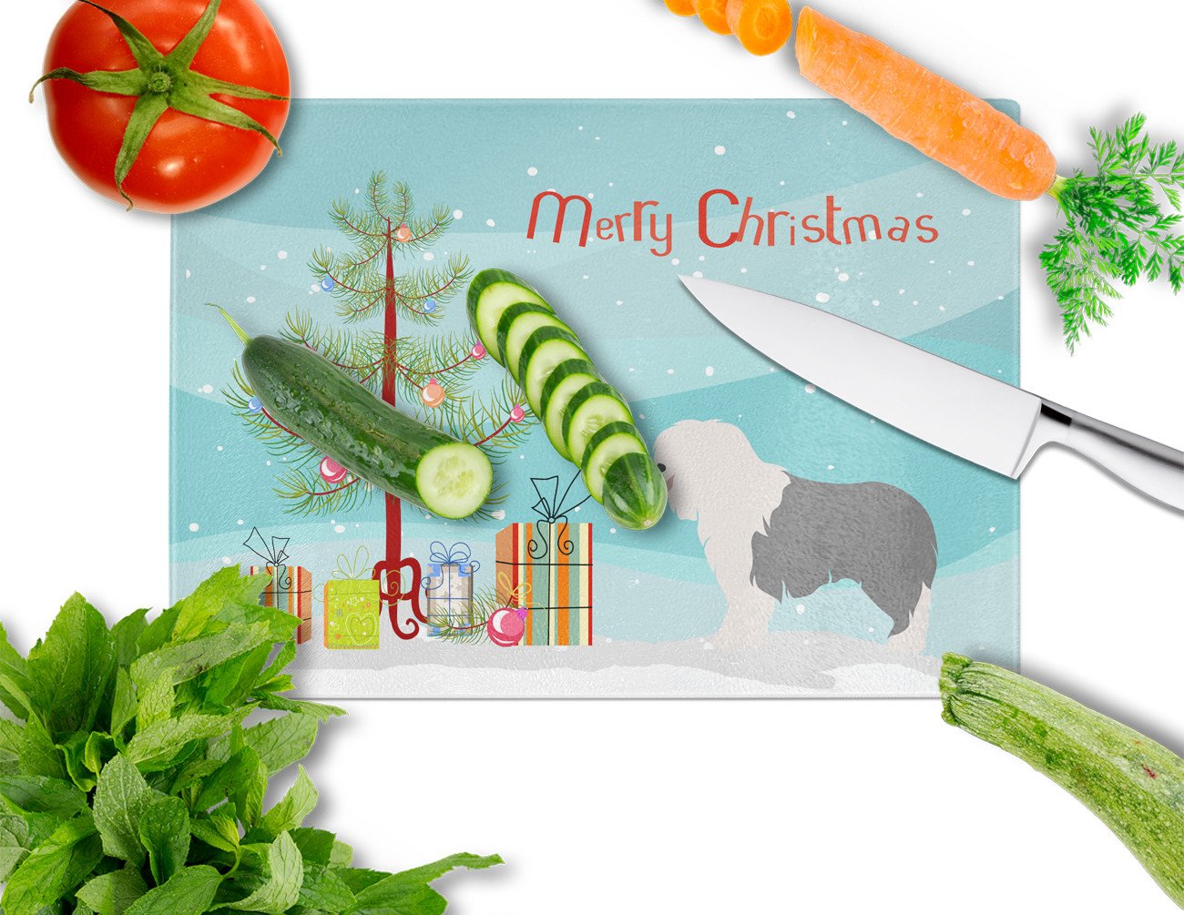 Old English Sheepdog Christmas Cutting Board Tempered Glass Kitchen Cutting Surface, Heat Resistant Chopping, Non-Slip Feet, Food Prep & Serving