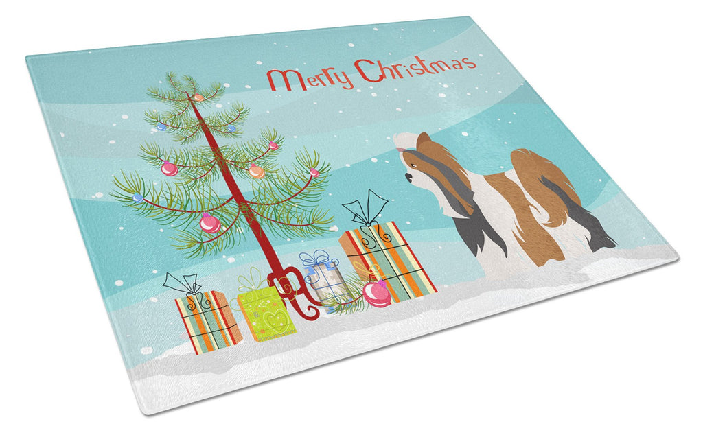 Biewer Terrier Christmas Cutting Board Tempered Glass Kitchen Cutting Surface, Heat Resistant Chopping, Non-Slip Feet, Food Prep & Serving