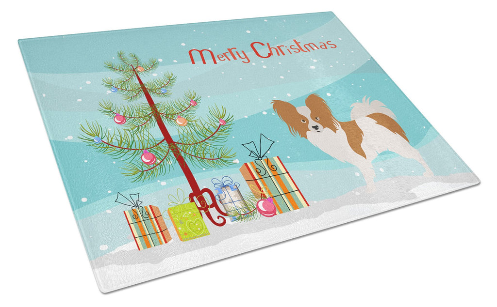 Papillon Christmas Cutting Board Tempered Glass Kitchen Cutting Surface, Heat Resistant Chopping, Non-Slip Feet, Food Prep & Serving