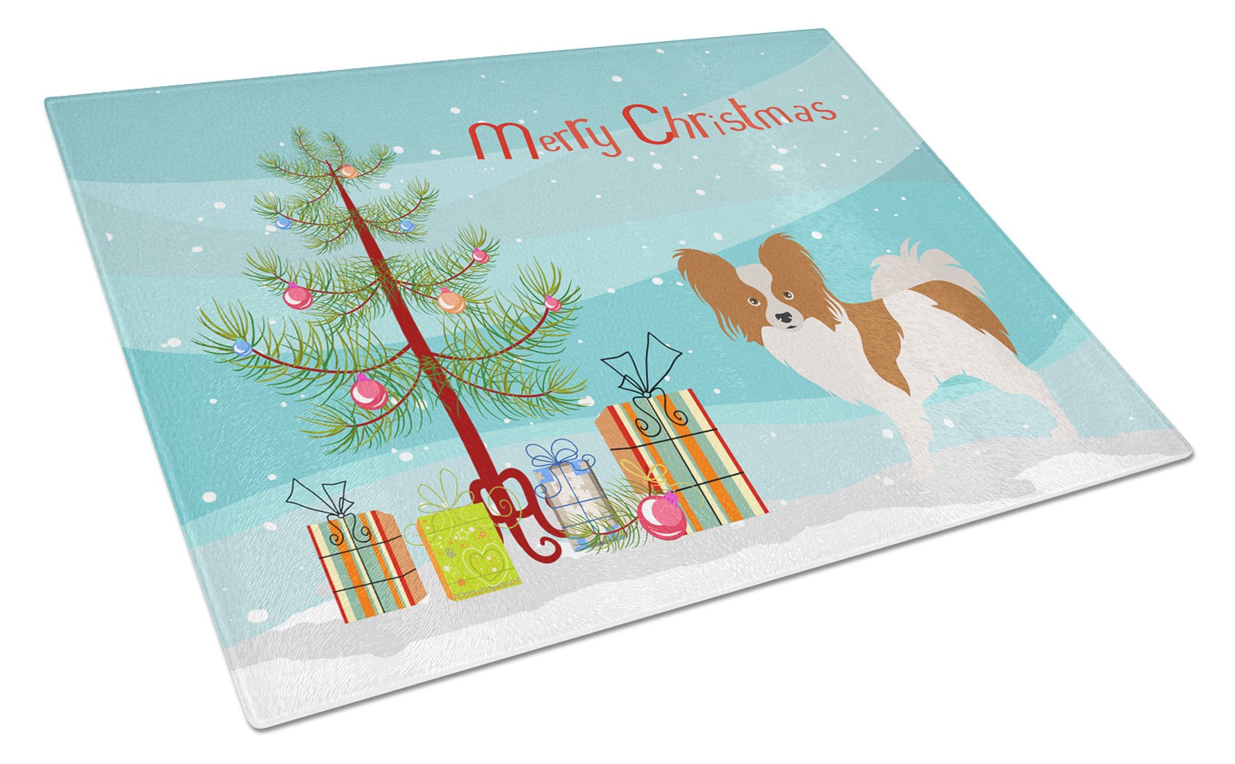 Papillon Christmas Cutting Board Tempered Glass Kitchen Cutting Surface, Heat Resistant Chopping, Non-Slip Feet, Food Prep & Serving