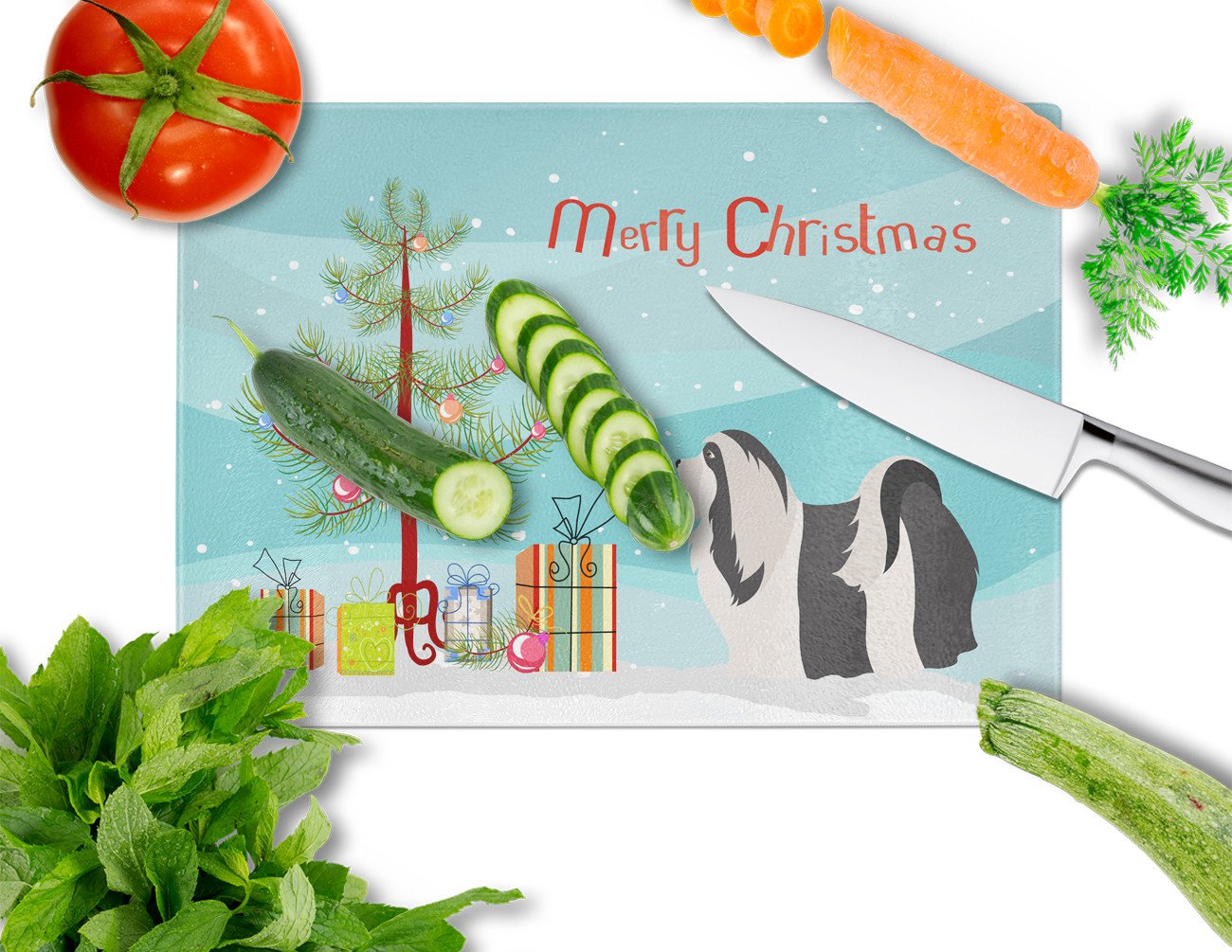 Havanese Christmas Cutting Board Tempered Glass Kitchen Cutting Surface, Heat Resistant Chopping, Non-Slip Feet, Food Prep & Serving