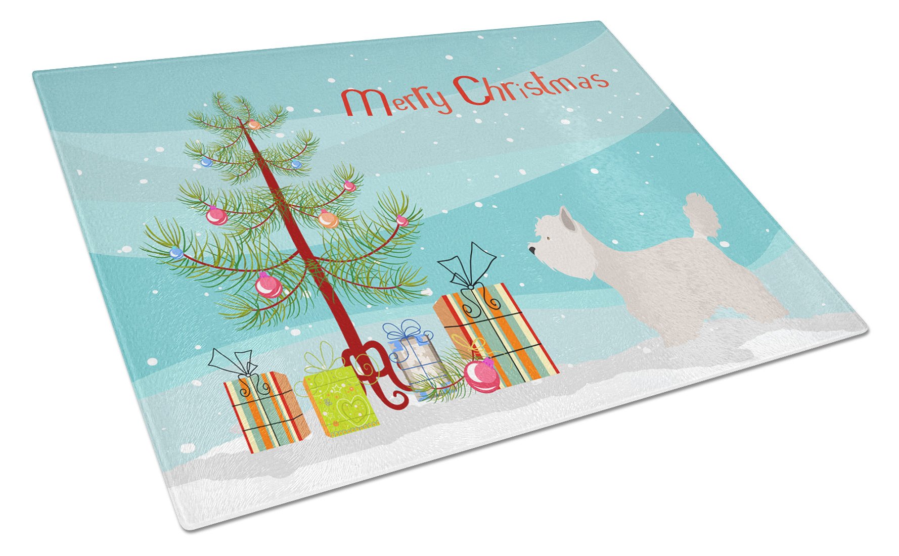 Westie Christmas Cutting Board Tempered Glass Kitchen Cutting Surface, Heat Resistant Chopping, Non-Slip Feet, Food Prep & Serving