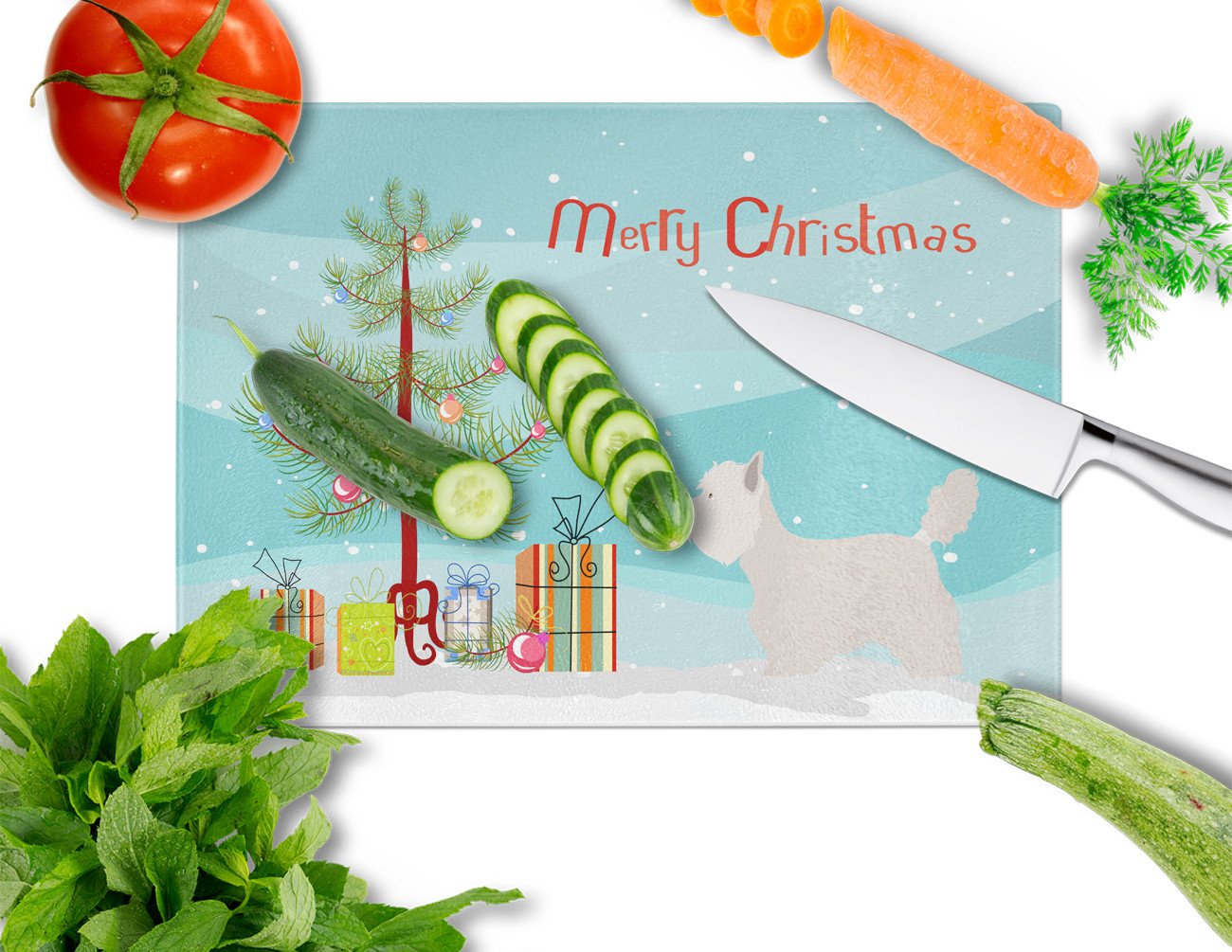 Westie Christmas Cutting Board Tempered Glass Kitchen Cutting Surface, Heat Resistant Chopping, Non-Slip Feet, Food Prep & Serving