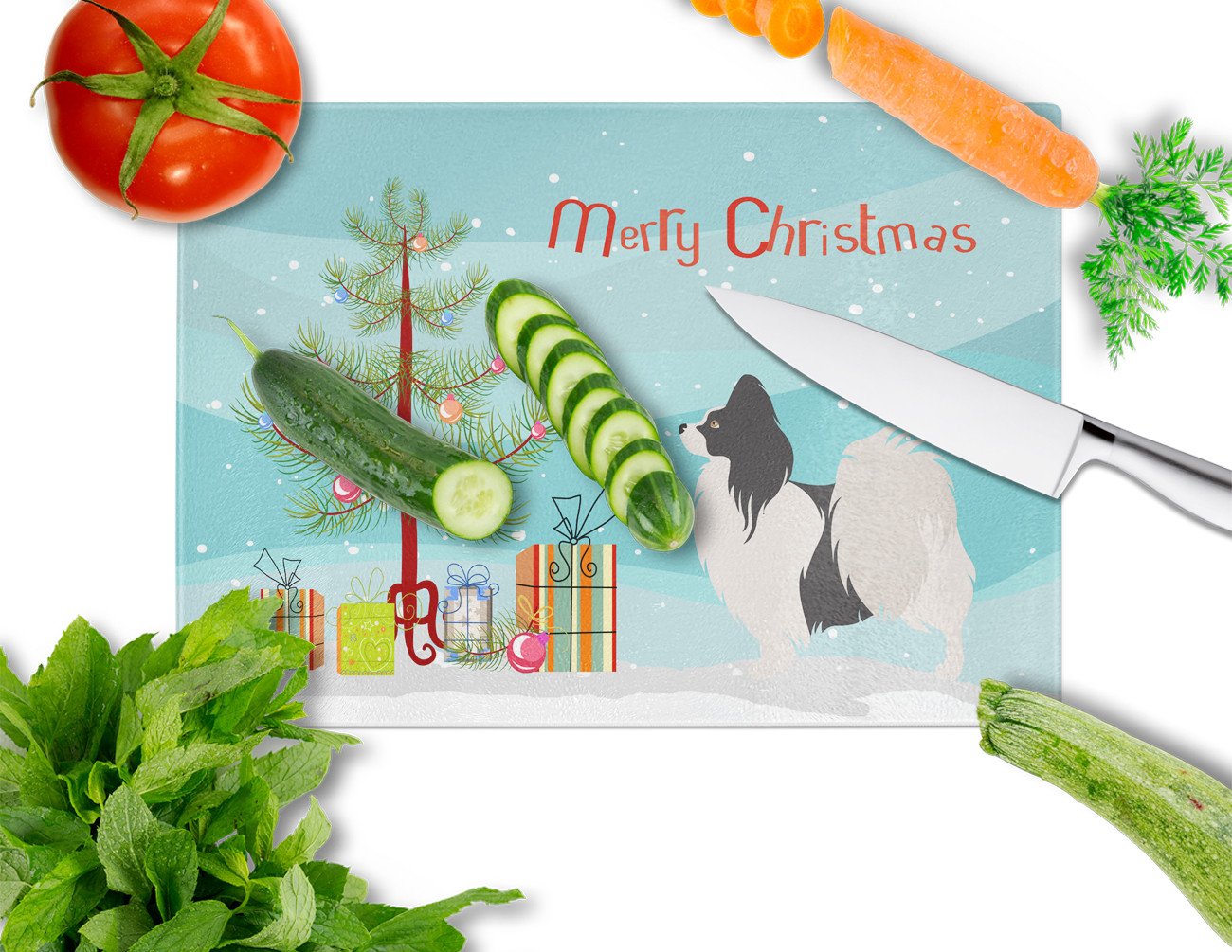 Papillon Christmas Cutting Board Tempered Glass Kitchen Cutting Surface, Heat Resistant Chopping, Non-Slip Feet, Food Prep & Serving
