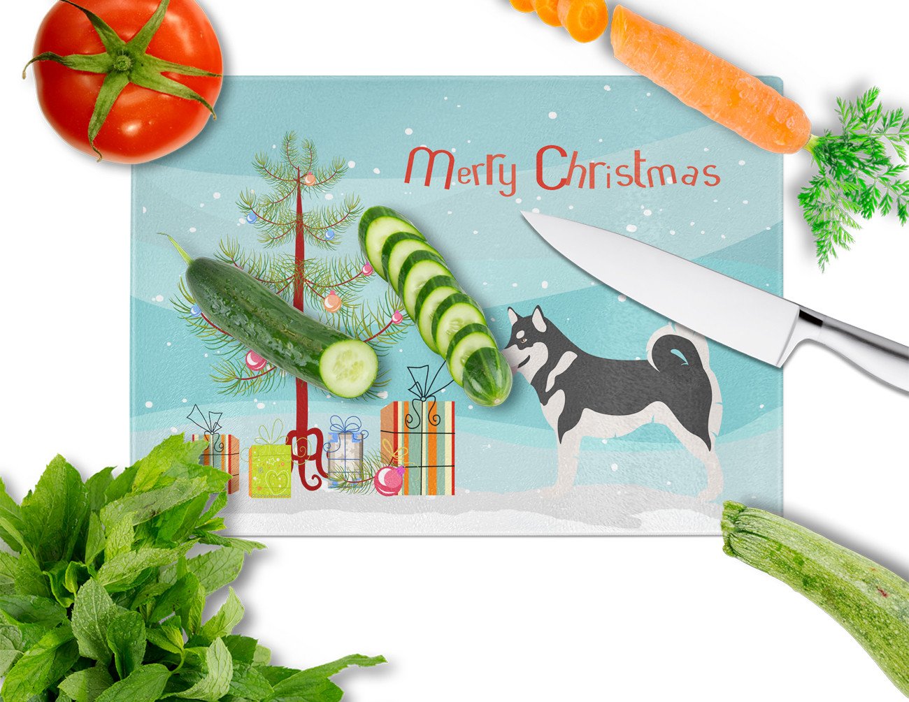 Alaskan Malamute Christmas Cutting Board Tempered Glass Kitchen Cutting Surface, Heat Resistant Chopping, Non-Slip Feet, Food Prep & Serving