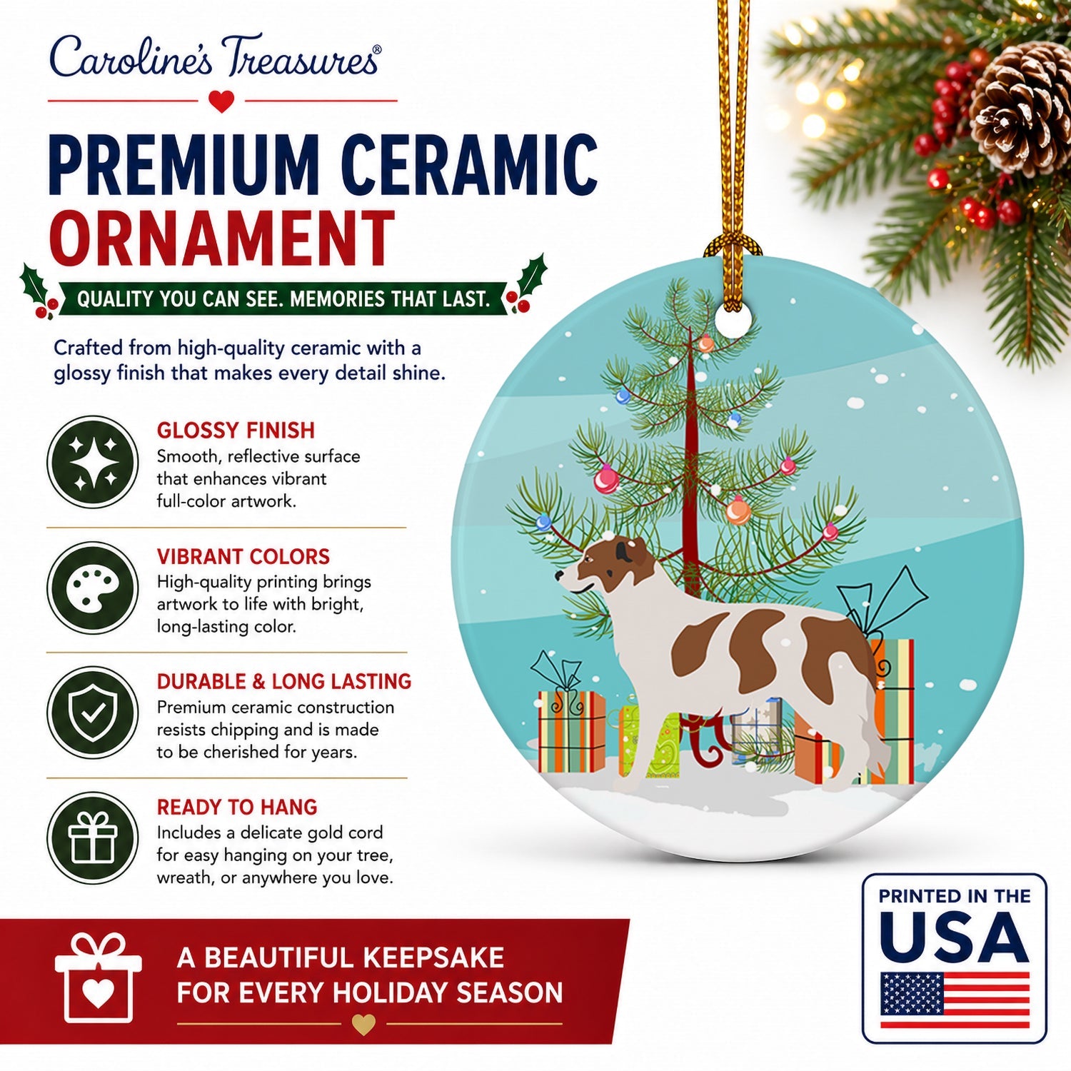Aidi Atlas Mountain Dog Christmas Ceramic Ornament Christmas Tree Hanging Decorations for Home Christmas Holiday, Party, Gift, 3 in, Multicolor