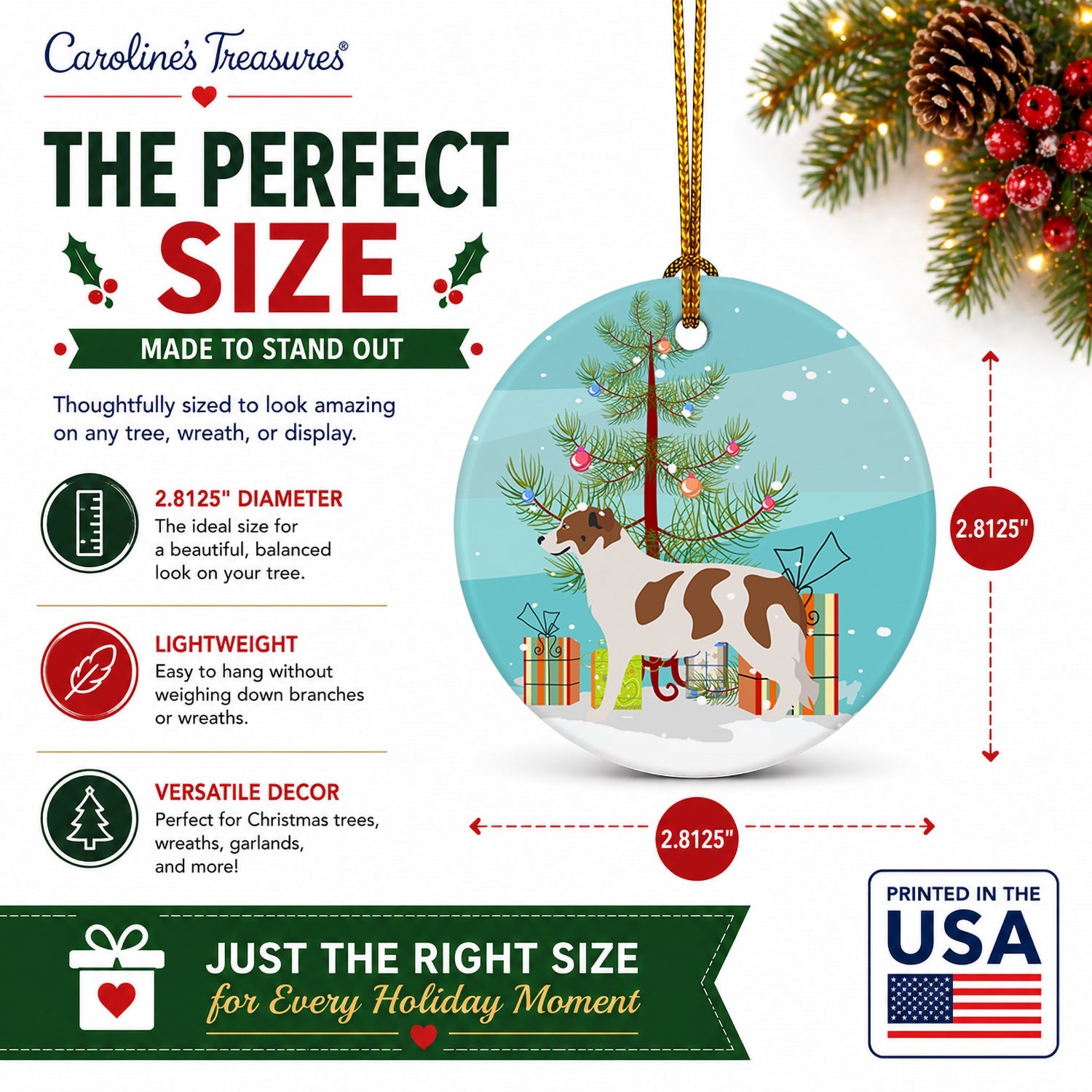 Aidi Atlas Mountain Dog Christmas Ceramic Ornament Christmas Tree Hanging Decorations for Home Christmas Holiday, Party, Gift, 3 in, Multicolor
