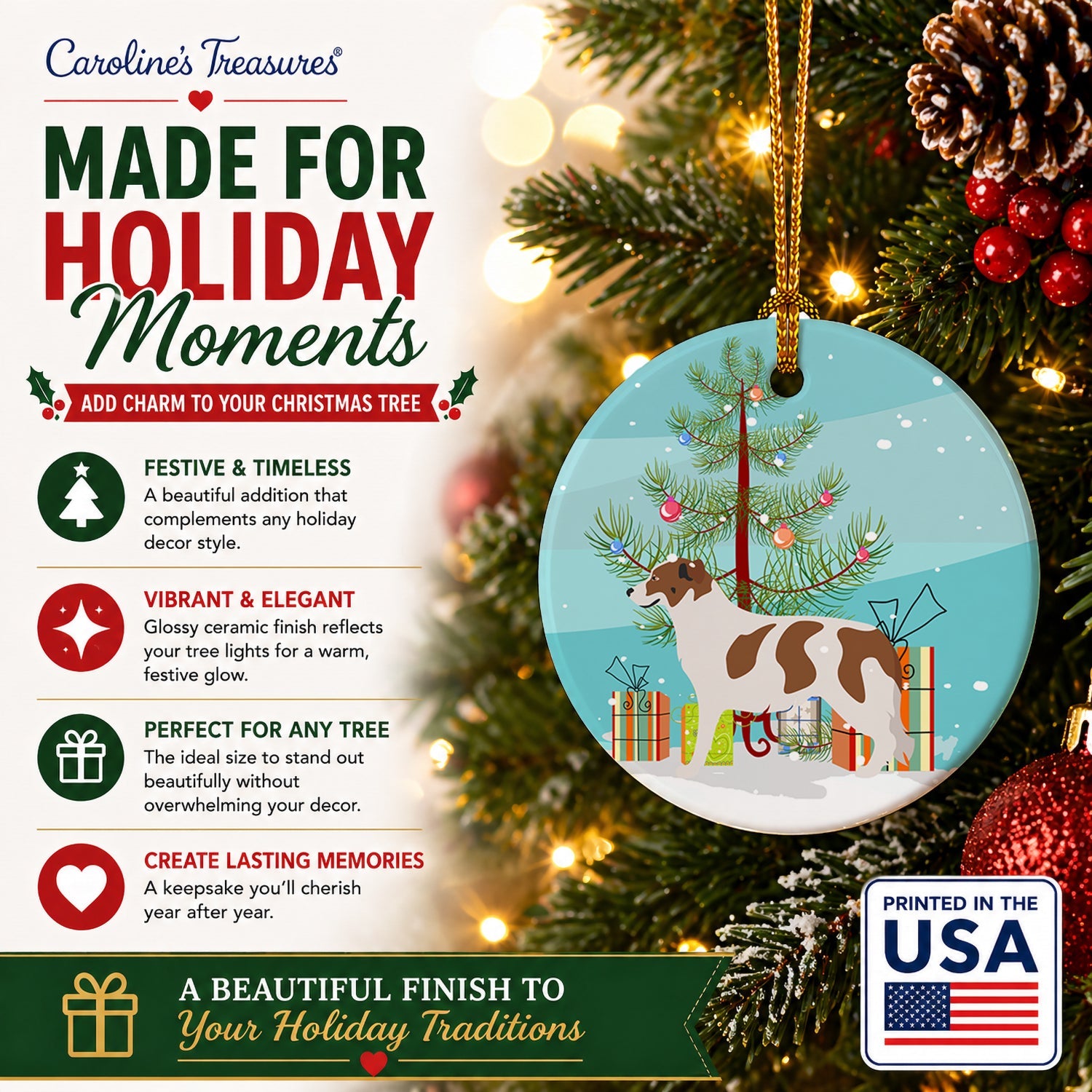 Aidi Atlas Mountain Dog Christmas Ceramic Ornament Christmas Tree Hanging Decorations for Home Christmas Holiday, Party, Gift, 3 in, Multicolor