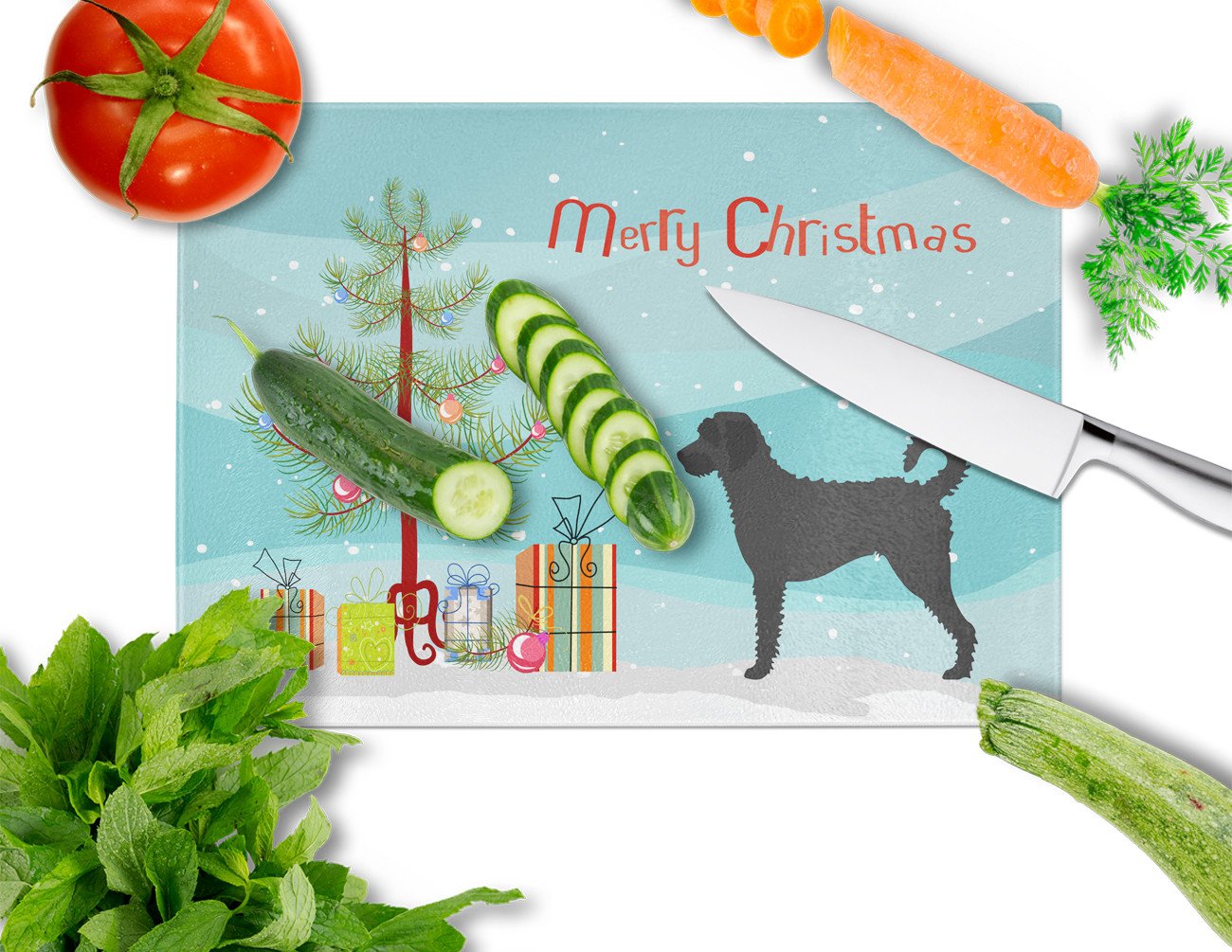 Labradoodle Christmas Cutting Board Tempered Glass Kitchen Cutting Surface, Heat Resistant Chopping, Non-Slip Feet, Food Prep & Serving