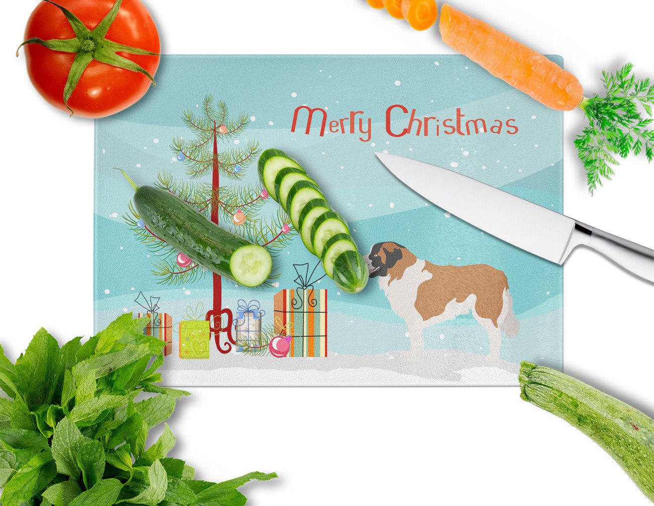 Moscow Watchdog Christmas Cutting Board Tempered Glass Kitchen Cutting Surface, Heat Resistant Chopping, Non-Slip Feet, Food Prep & Serving