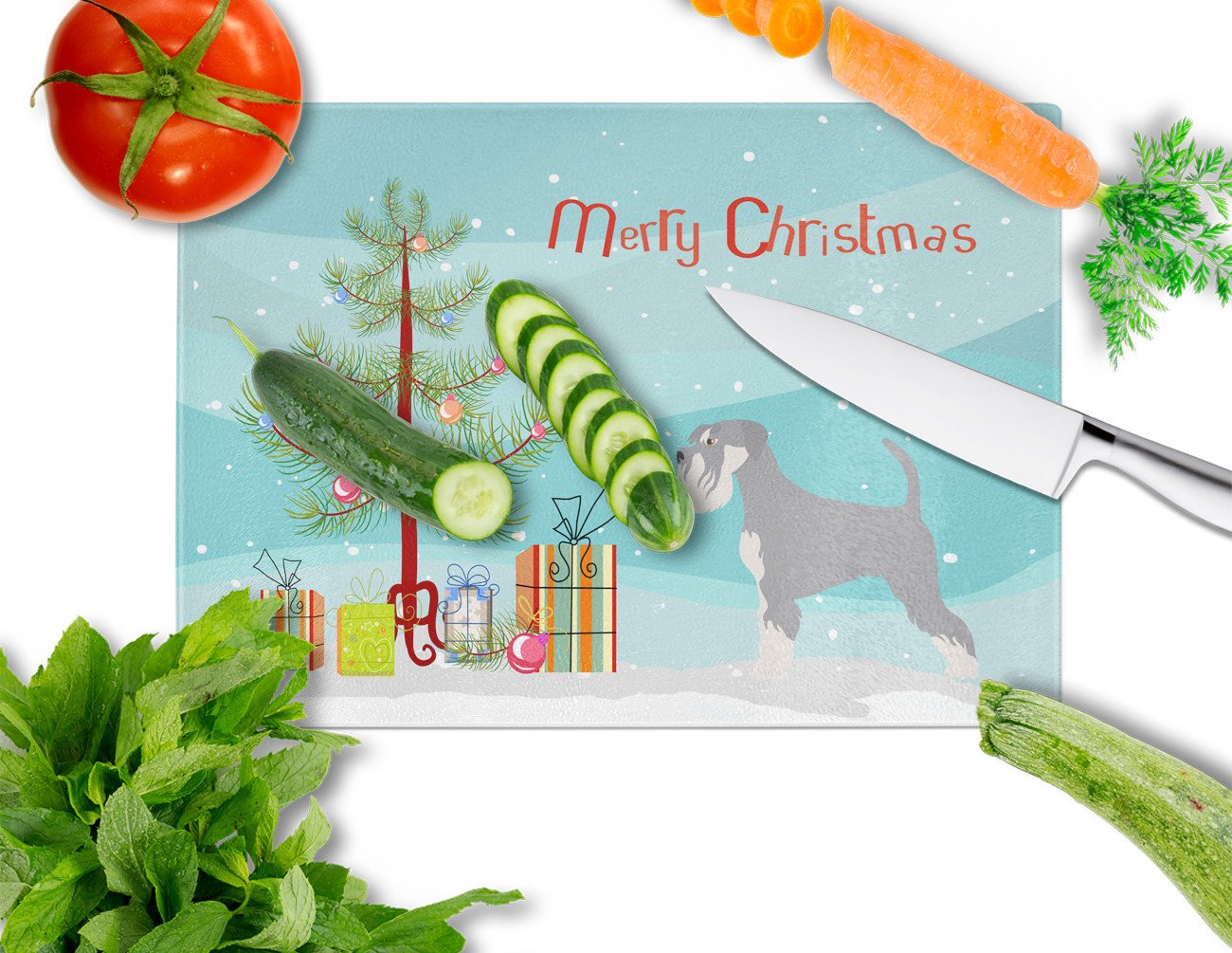 Schnauzer Christmas Cutting Board Tempered Glass Kitchen Cutting Surface, Heat Resistant Chopping, Non-Slip Feet, Food Prep & Serving