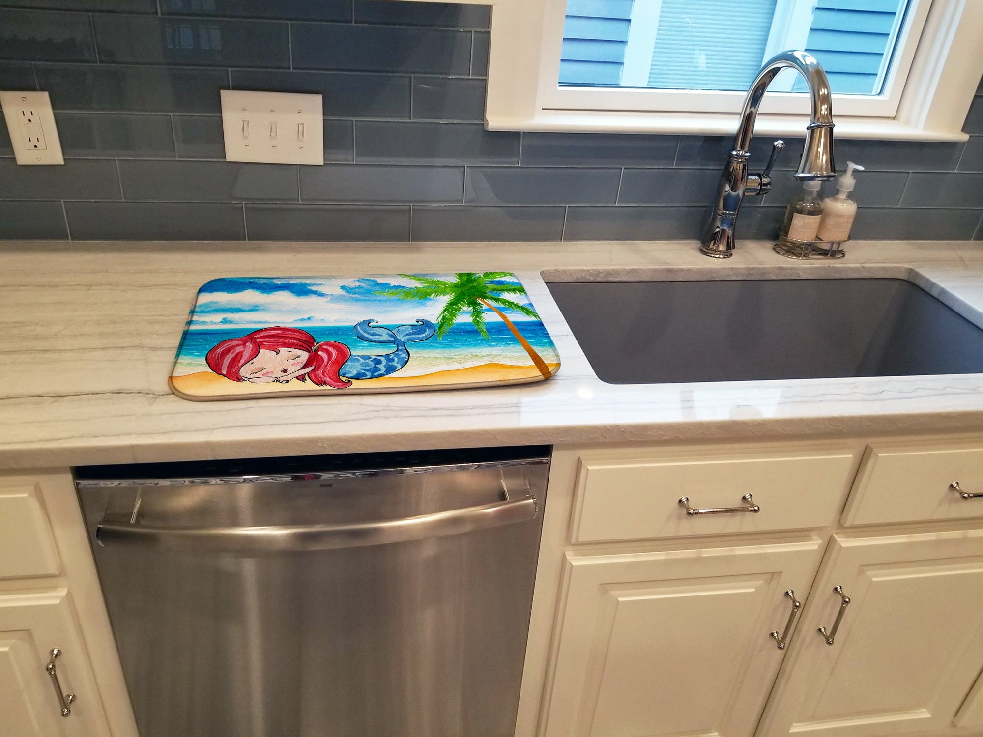 Mermaid on the Beach Dish Drying Mat Absorbent Dish Drying Mat Pad for Kitchen Counter Dish Drainer Mat for Countertop, 14 x 21", Multicolor