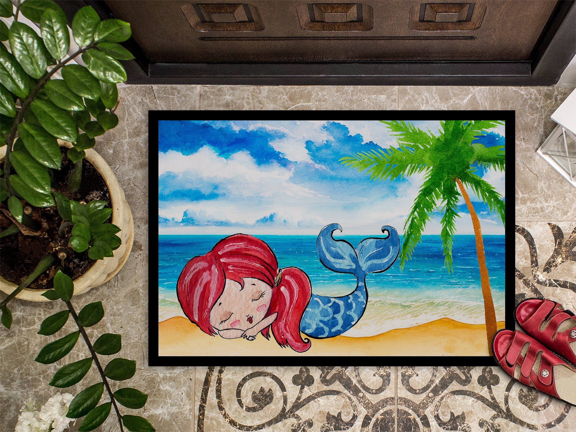 Mermaid on the Beach Doormat Indoor Outdoor 24H X 36W Front Door Mat Rugs for Entryway, Non Slip Washable Low Pile,