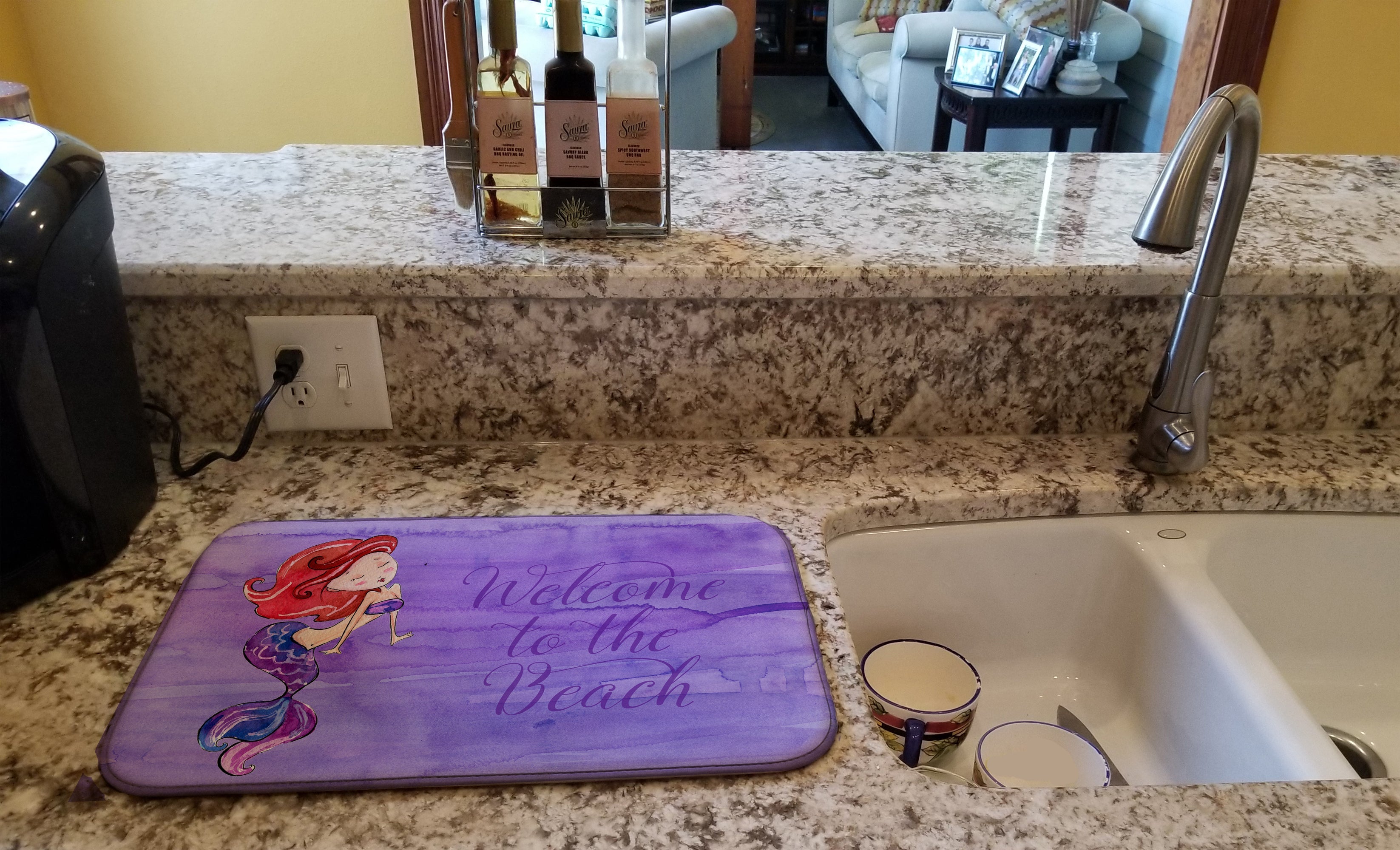 Mermaid Welcome Purple Dish Drying Mat Absorbent Dish Drying Mat Pad for Kitchen Counter Dish Drainer Mat for Countertop, 14 x 21", Multicolor