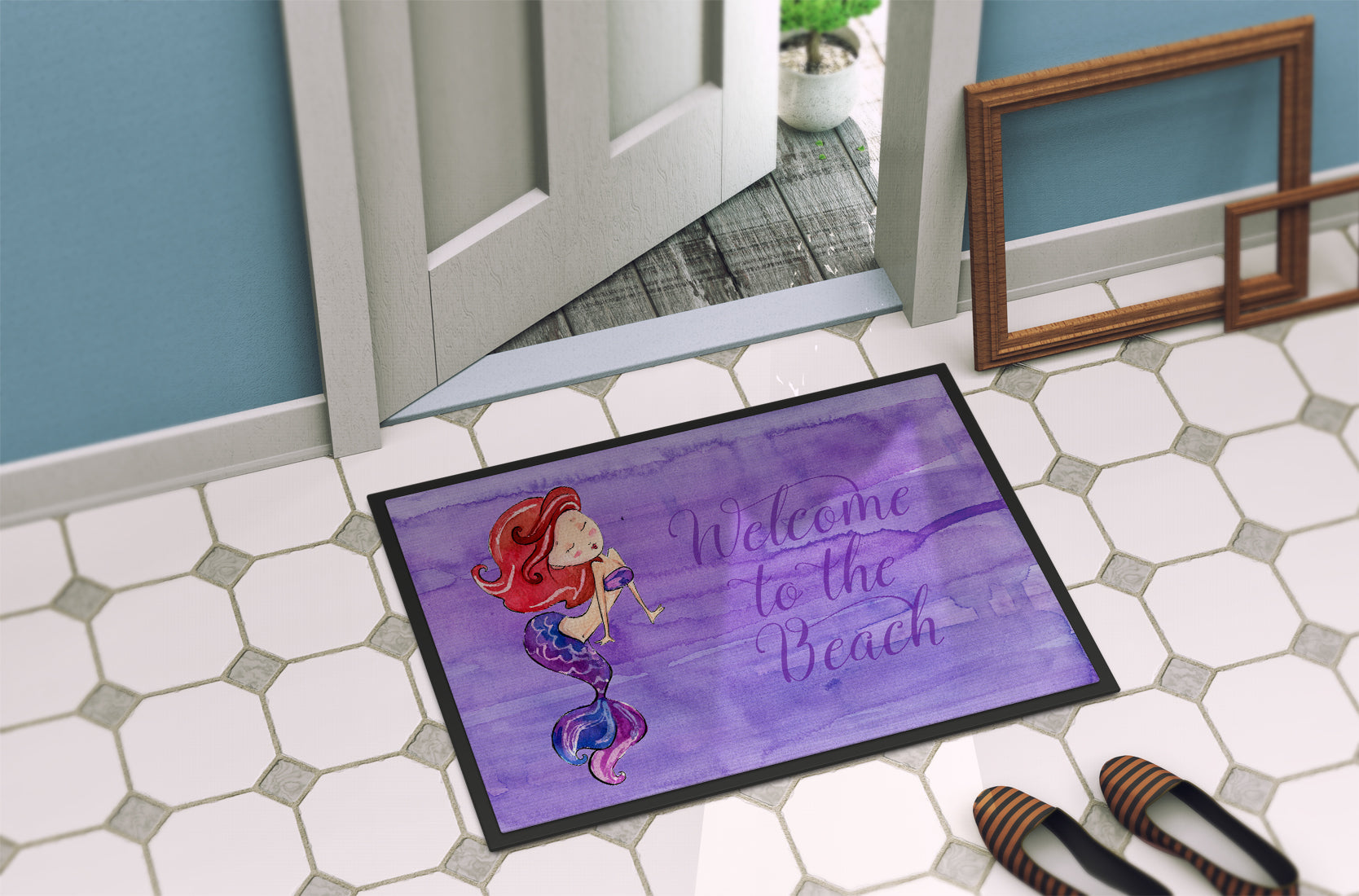 Mermaid Welcome Purple Doormat Indoor Outdoor 24H X 36W Front Door Mat Rugs for Entryway, Non Slip Washable Low Pile,