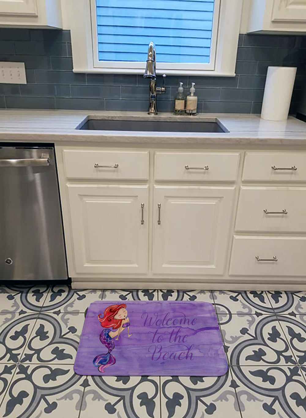 Mermaid Welcome Purple Memory Foam Kitchen Mat Machine Washable Anti-Fatigue Cushion Comfort Bath or Kitchen Rug