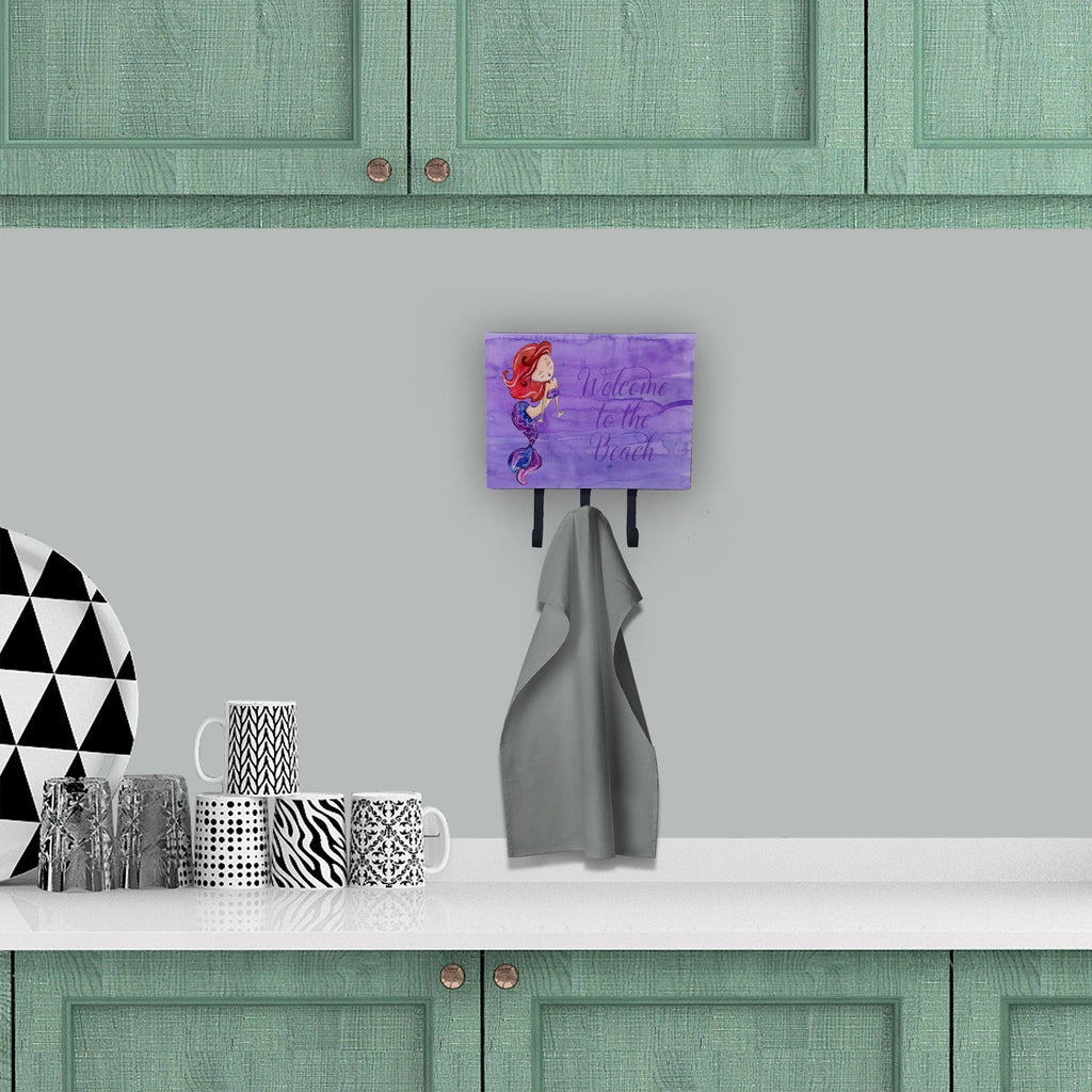 Mermaid Welcome Purple Leash or Key Holder Wall Hooks, Coat Rack Wall Mount, for Hanging Keys, Towels, Aprons, Leashes