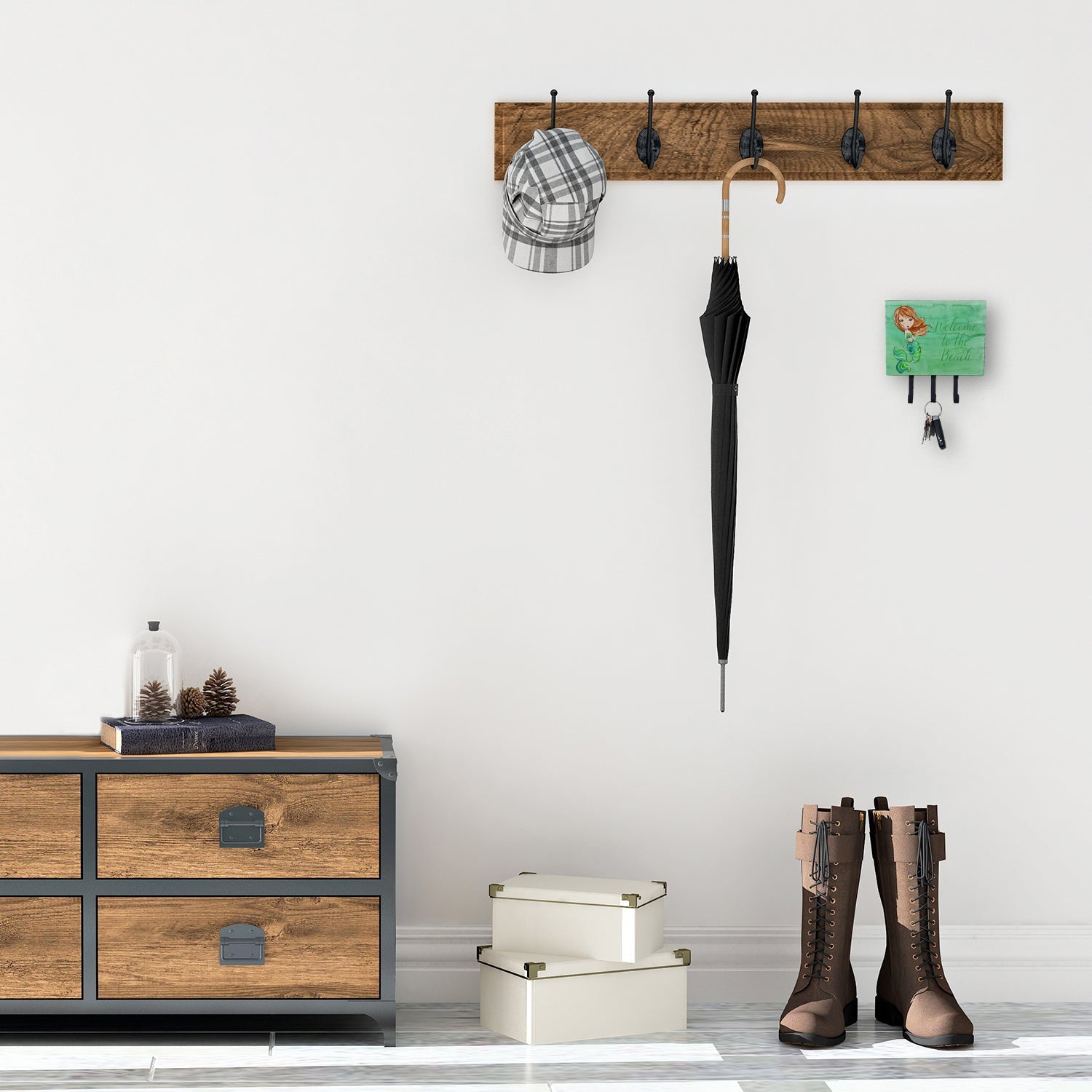 Mermaid Welcome Green Leash or Key Holder Wall Hooks, Coat Rack Wall Mount, for Hanging Keys, Towels, Aprons, Leashes