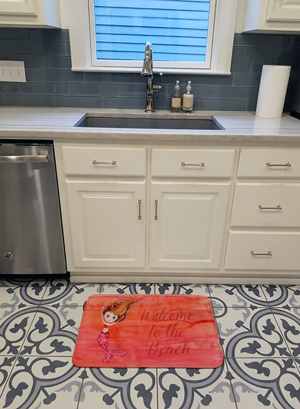 Mermaid Welcome Red Memory Foam Kitchen Mat Machine Washable Anti-Fatigue Cushion Comfort Bath or Kitchen Rug