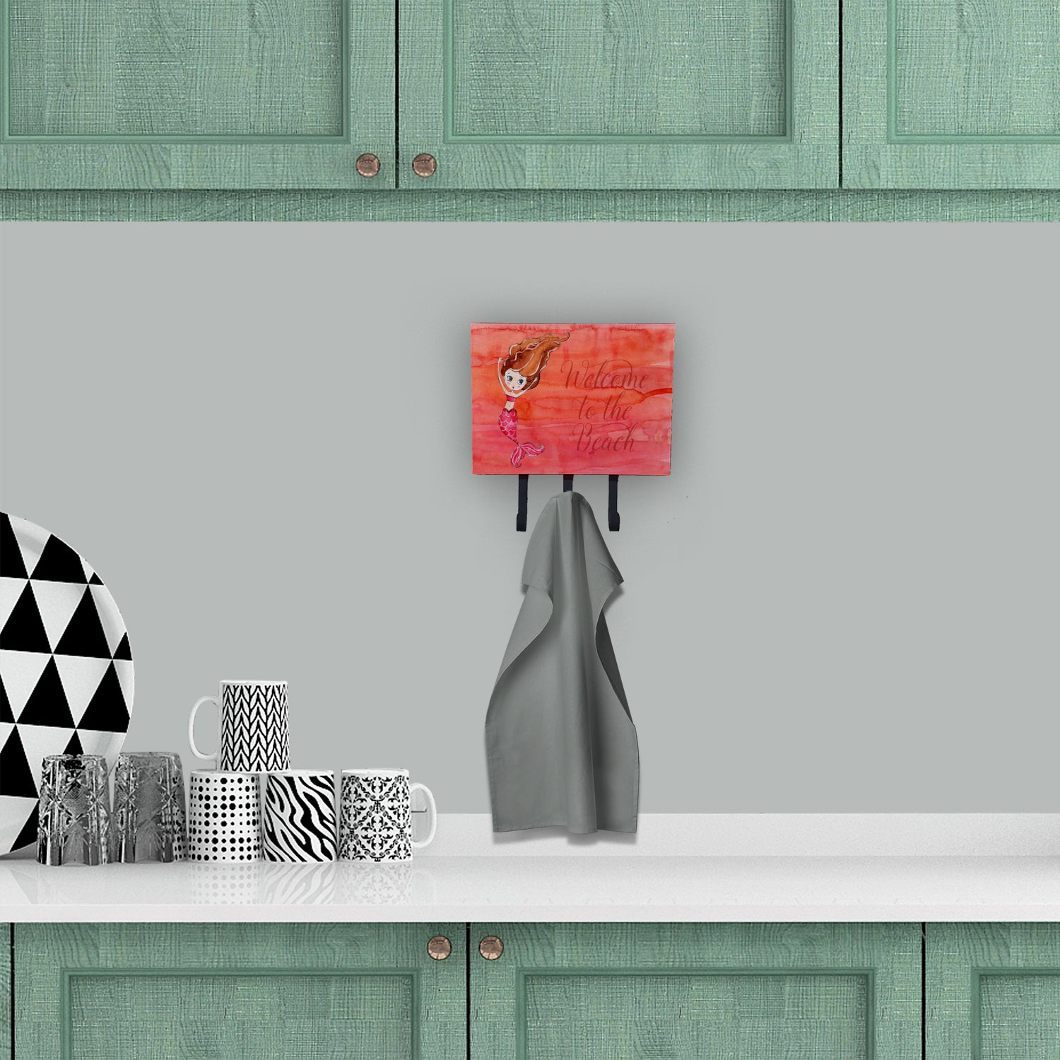 Mermaid Welcome Red Leash or Key Holder Wall Hooks, Coat Rack Wall Mount, for Hanging Keys, Towels, Aprons, Leashes