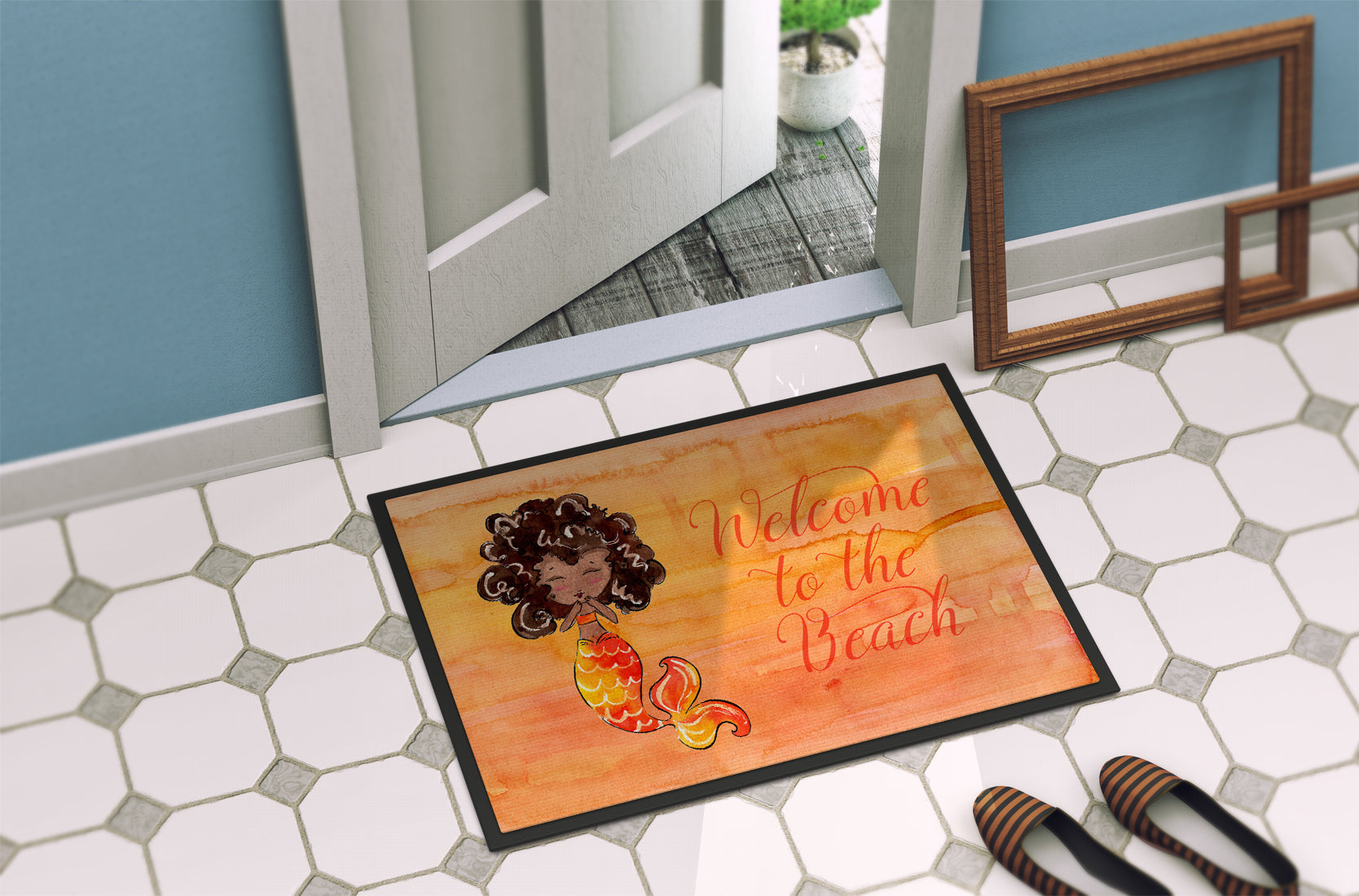 Mermaid Welcome Orange Doormat Indoor Outdoor 24H X 36W Front Door Mat Rugs for Entryway, Non Slip Washable Low Pile,