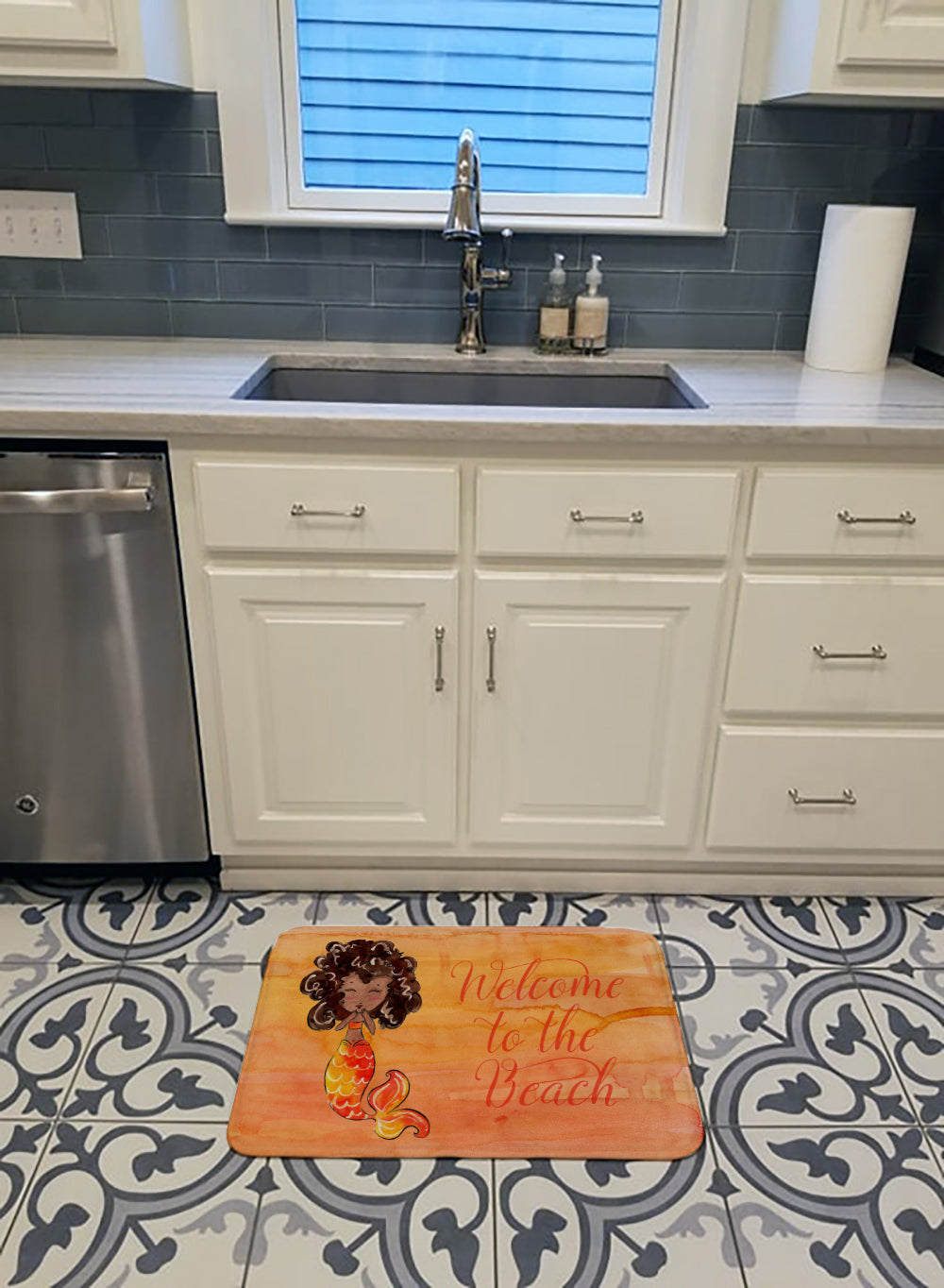 Mermaid Welcome Orange Memory Foam Kitchen Mat Machine Washable Anti-Fatigue Cushion Comfort Bath or Kitchen Rug