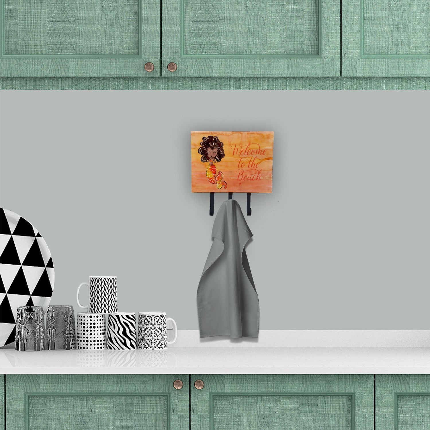 Mermaid Welcome Orange Leash or Key Holder Wall Hooks, Coat Rack Wall Mount, for Hanging Keys, Towels, Aprons, Leashes