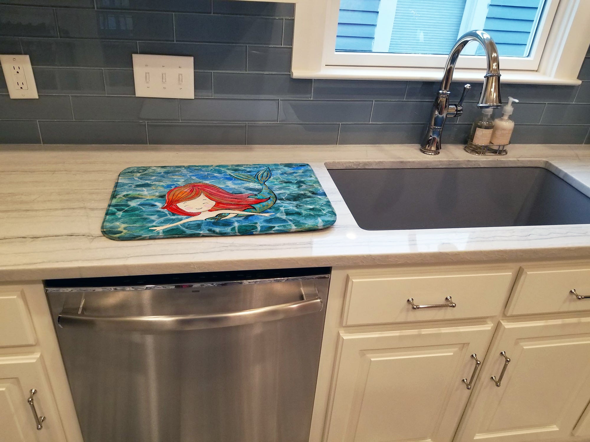 Mermaid Swimming Dish Drying Mat Absorbent Dish Drying Mat Pad for Kitchen Counter Dish Drainer Mat for Countertop, 14 x 21", Multicolor