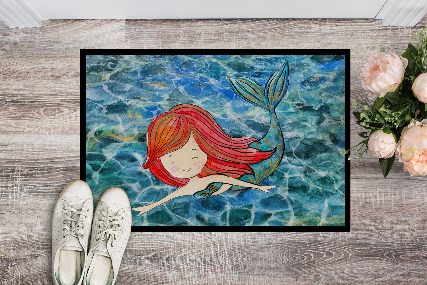 Mermaid Swimming Doormat Indoor Outdoor 24H X 36W Front Door Mat Rugs for Entryway, Non Slip Washable Low Pile,
