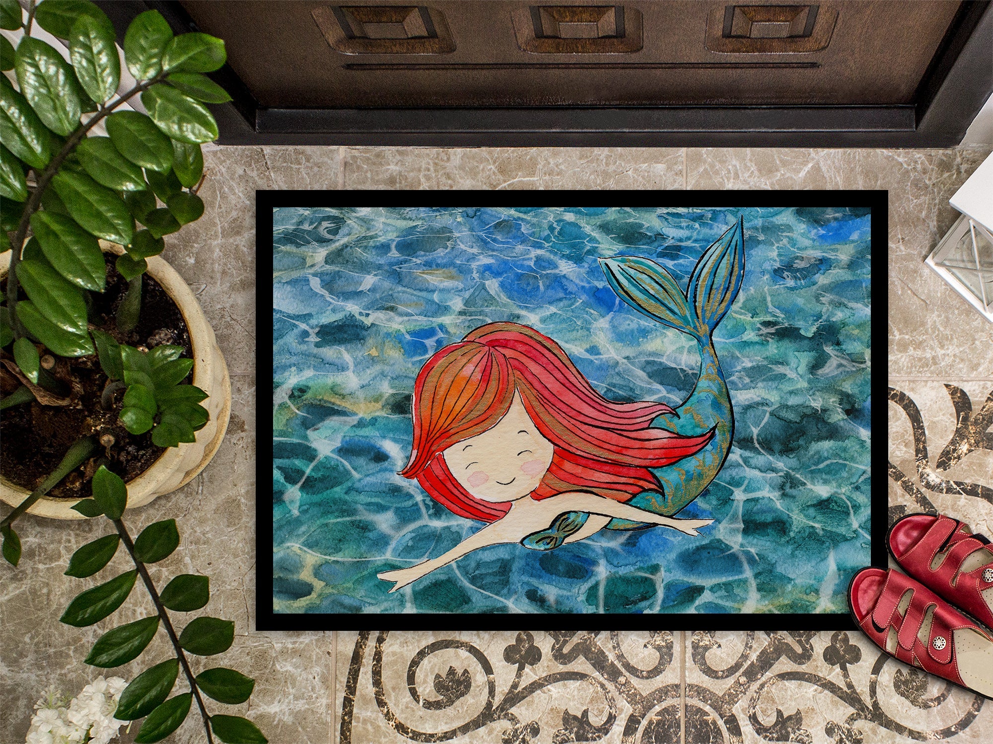 Mermaid Swimming Doormat Indoor Outdoor 24H X 36W Front Door Mat Rugs for Entryway, Non Slip Washable Low Pile,