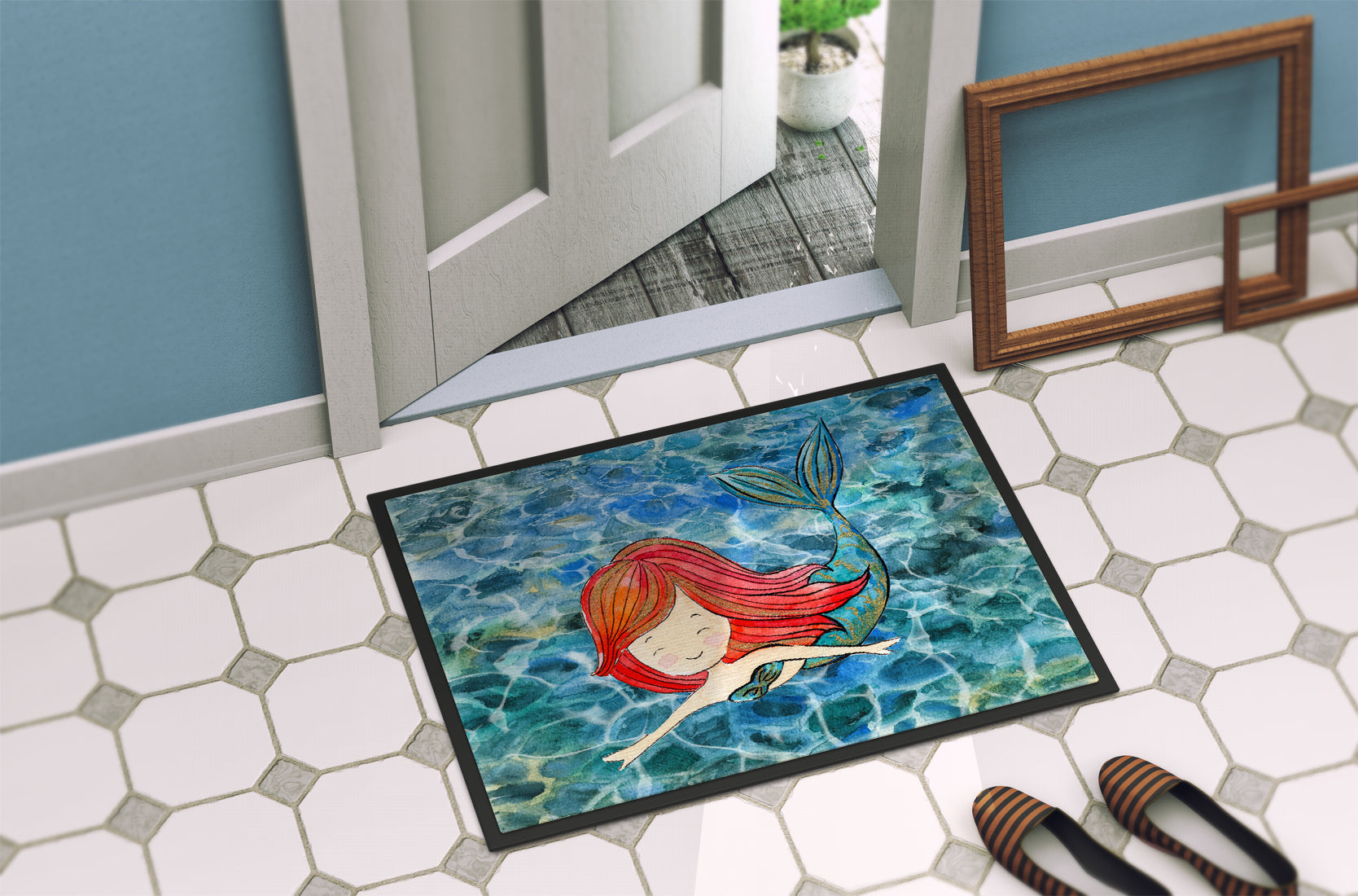 Mermaid Swimming Doormat Indoor Outdoor 24H X 36W Front Door Mat Rugs for Entryway, Non Slip Washable Low Pile,