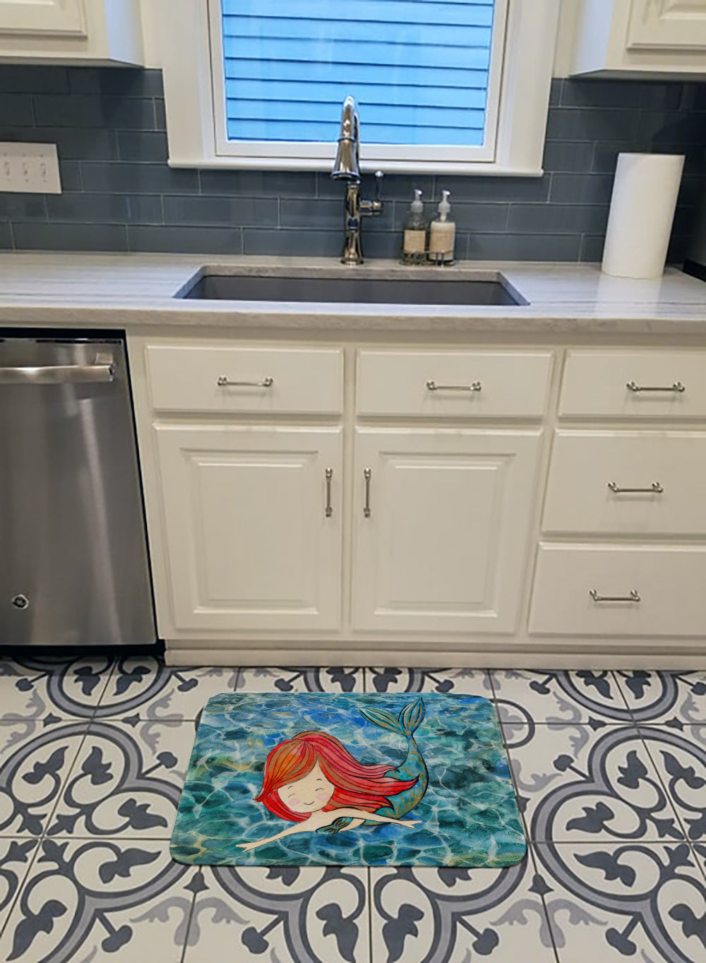 Mermaid Swimming Memory Foam Kitchen Mat Machine Washable Anti-Fatigue Cushion Comfort Bath or Kitchen Rug