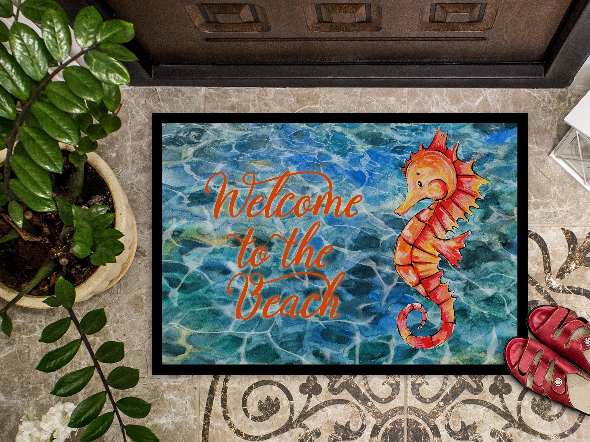 Seahorse Welcome Doormat Indoor Outdoor 24H X 36W Front Door Mat Rugs for Entryway, Non Slip Washable Low Pile,