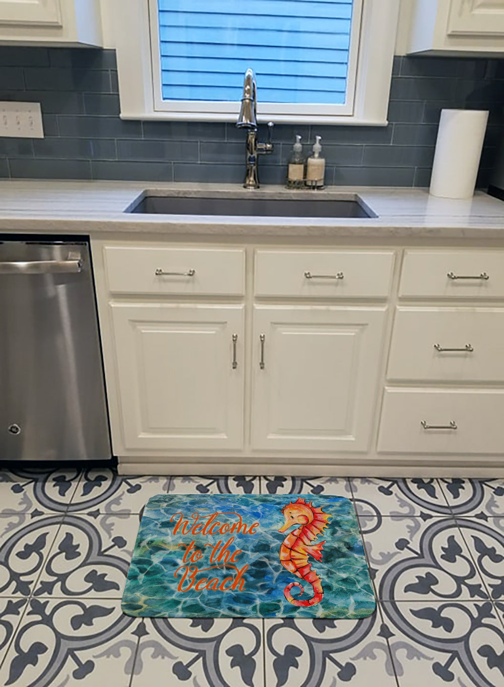 Seahorse Welcome Memory Foam Kitchen Mat Machine Washable Anti-Fatigue Cushion Comfort Bath or Kitchen Rug