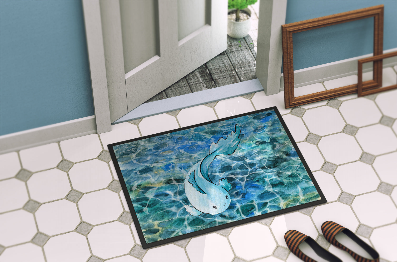 Blue Fish Doormat Indoor Outdoor 24H X 36W Front Door Mat Rugs for Entryway, Non Slip Washable Low Pile,