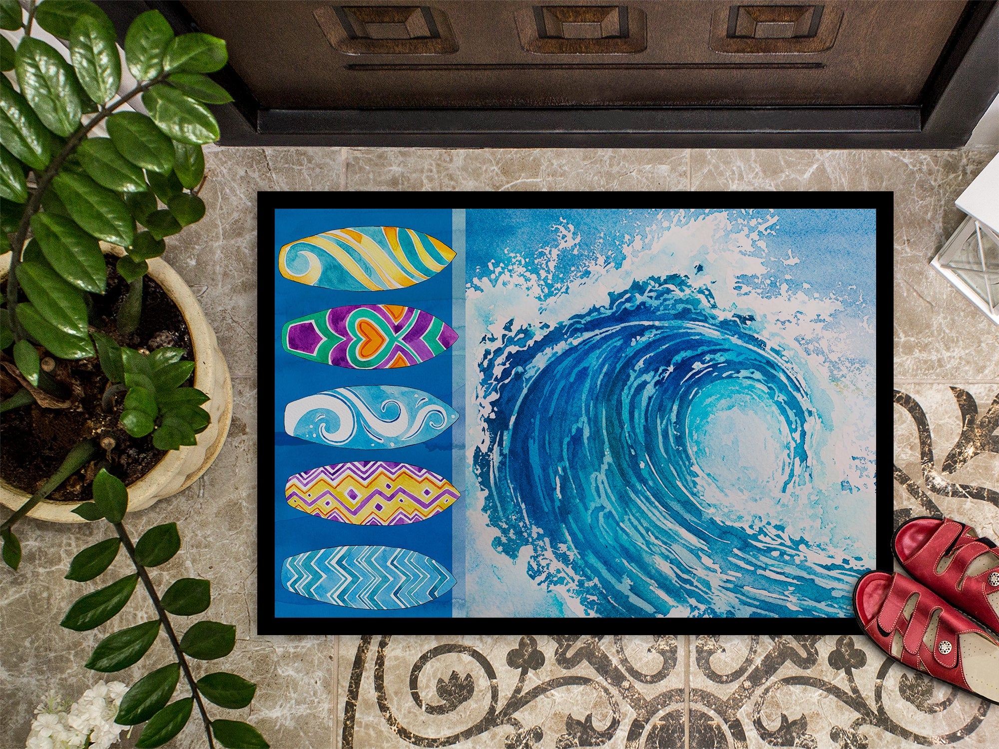 Surf Boards and Wave Doormat Indoor Outdoor 24H X 36W Front Door Mat Rugs for Entryway, Non Slip Washable Low Pile,