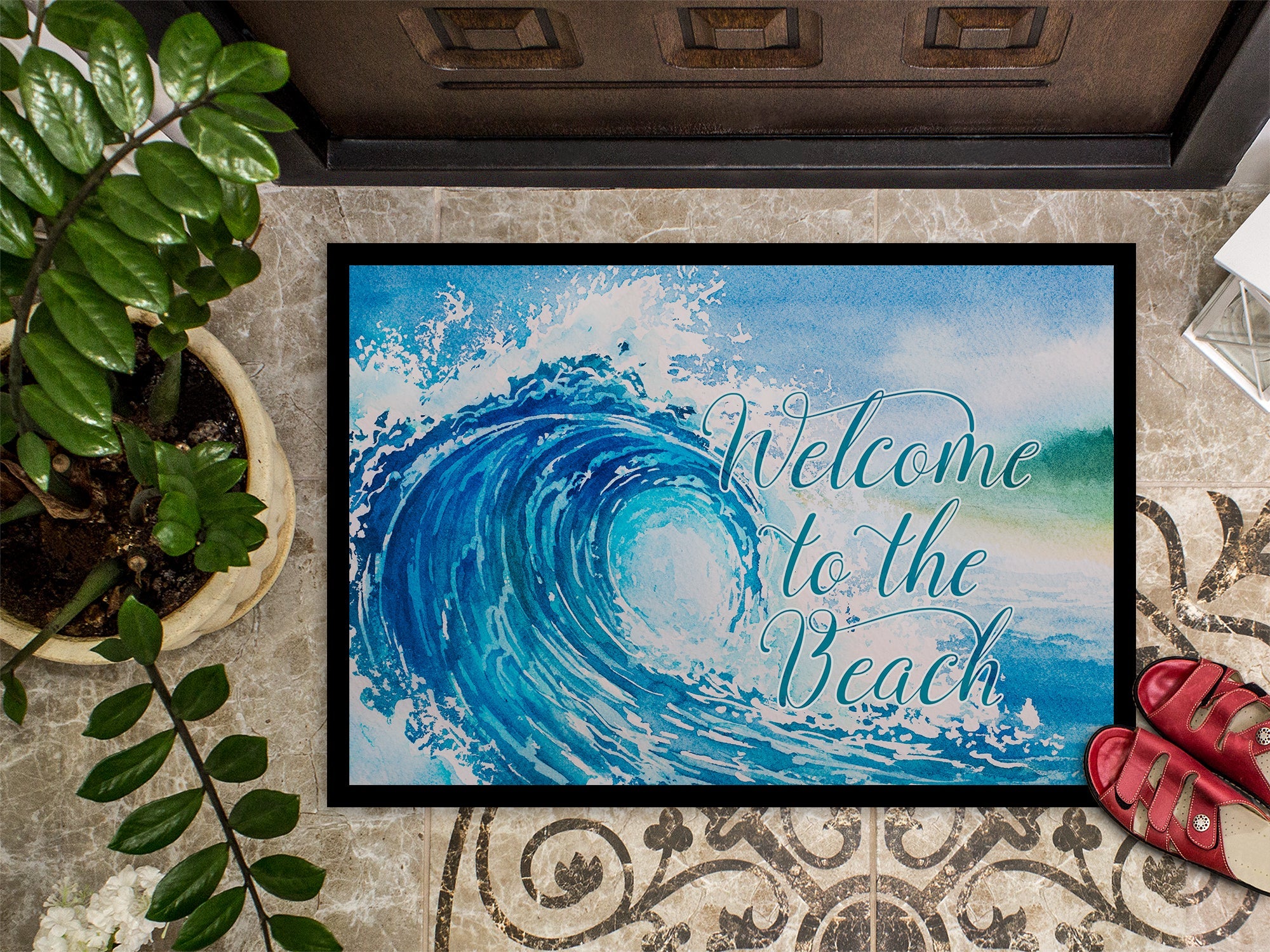 Wave Welcome Doormat Indoor Outdoor 24H X 36W Front Door Mat Rugs for Entryway, Non Slip Washable Low Pile,